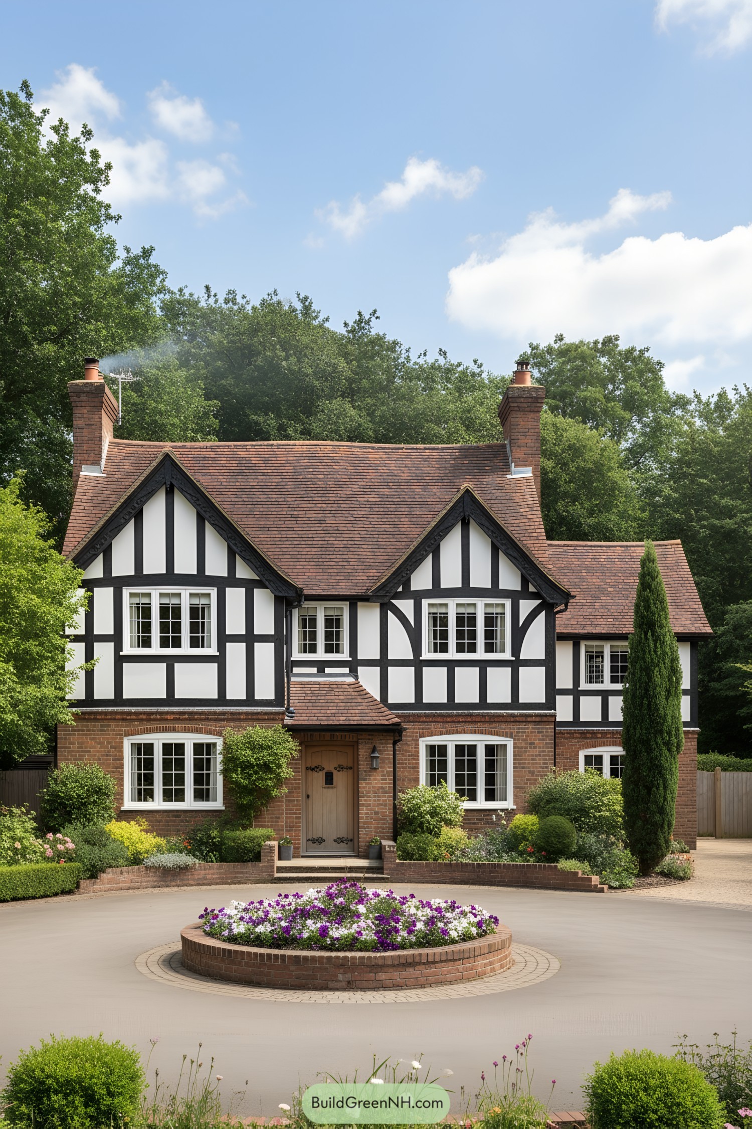 Tudor home with black-and-white half-timbering, brick base, and red tile roof