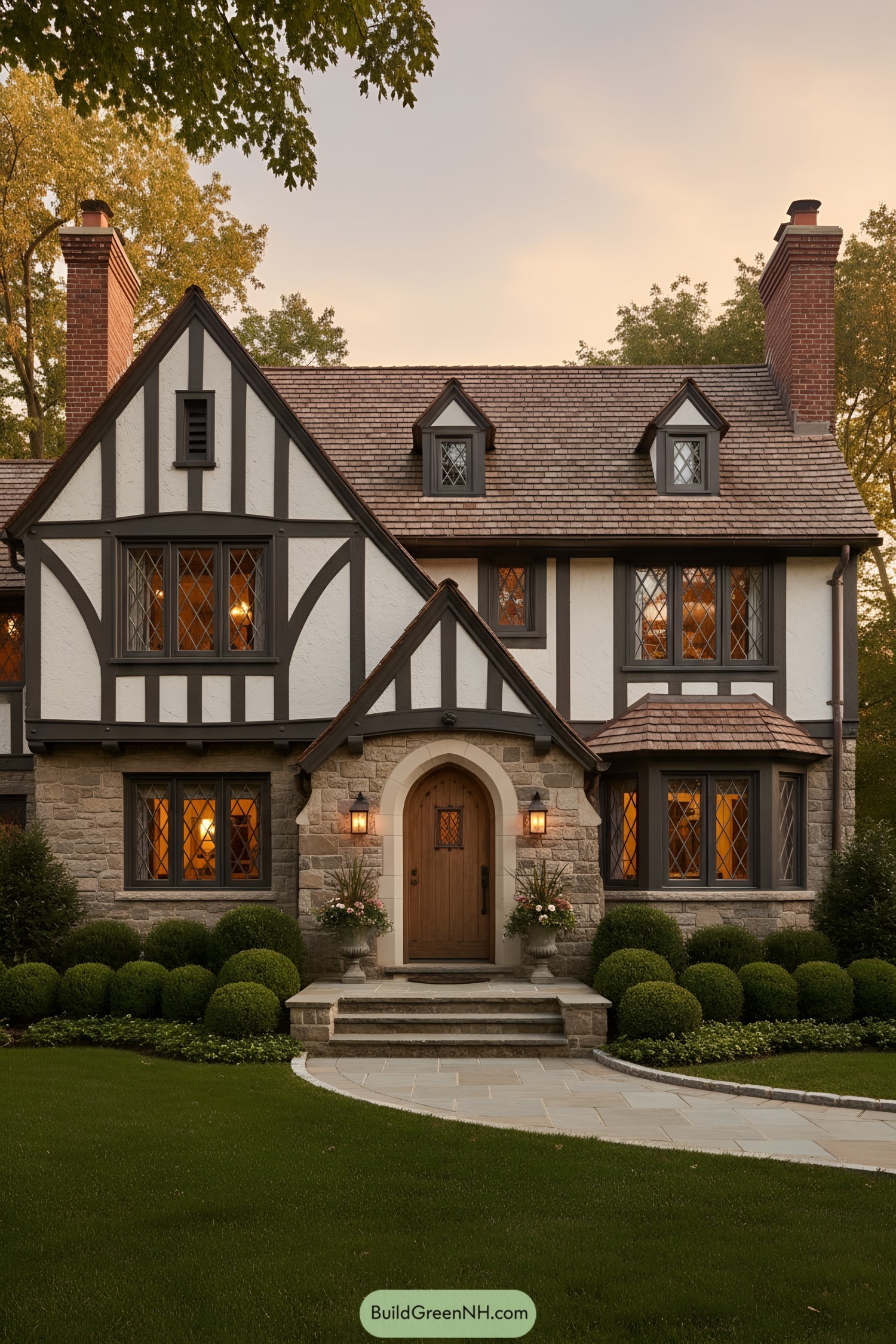 Tudor home with half-timbering and arched entry