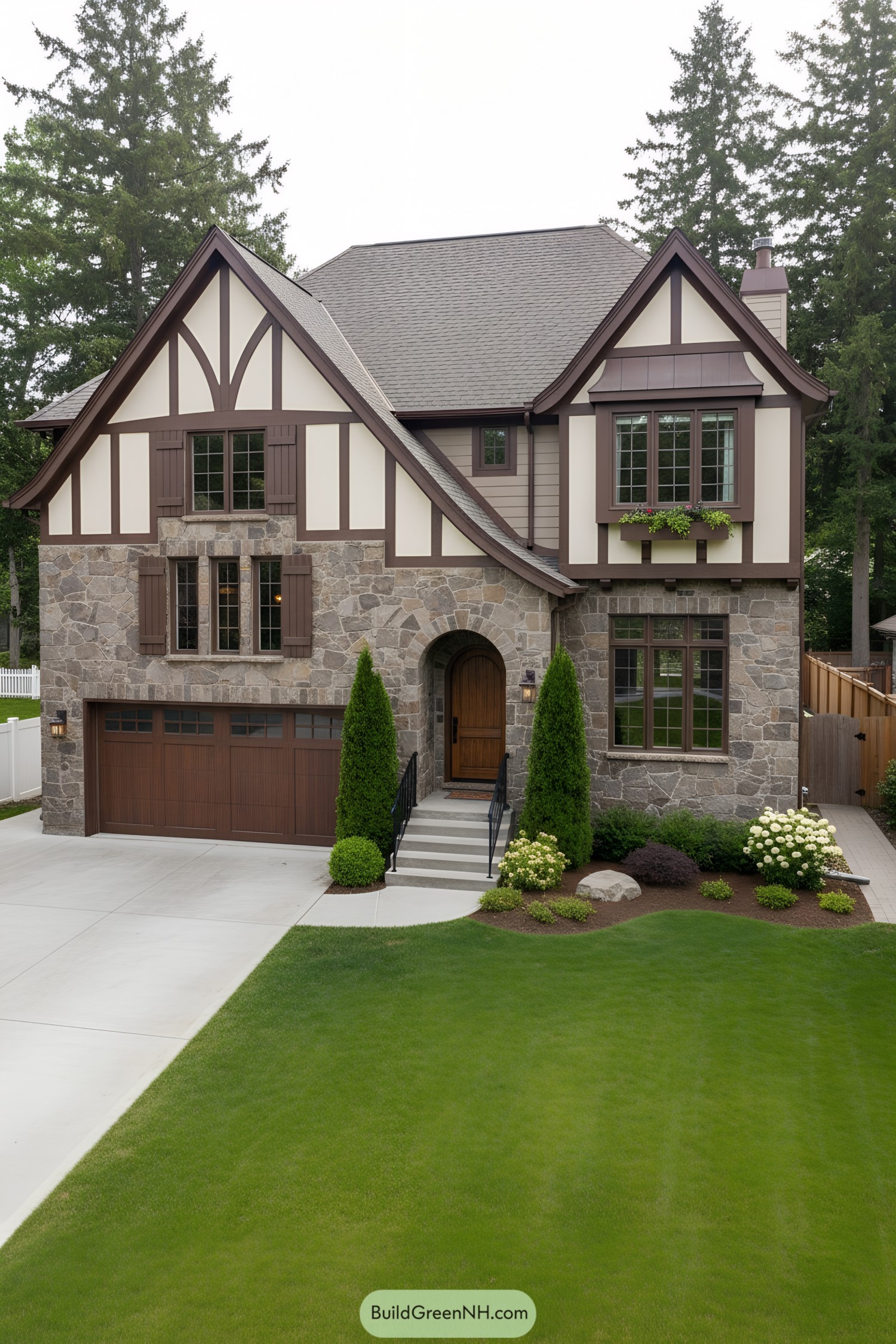 Tudor-style home with stone facade and timber accents