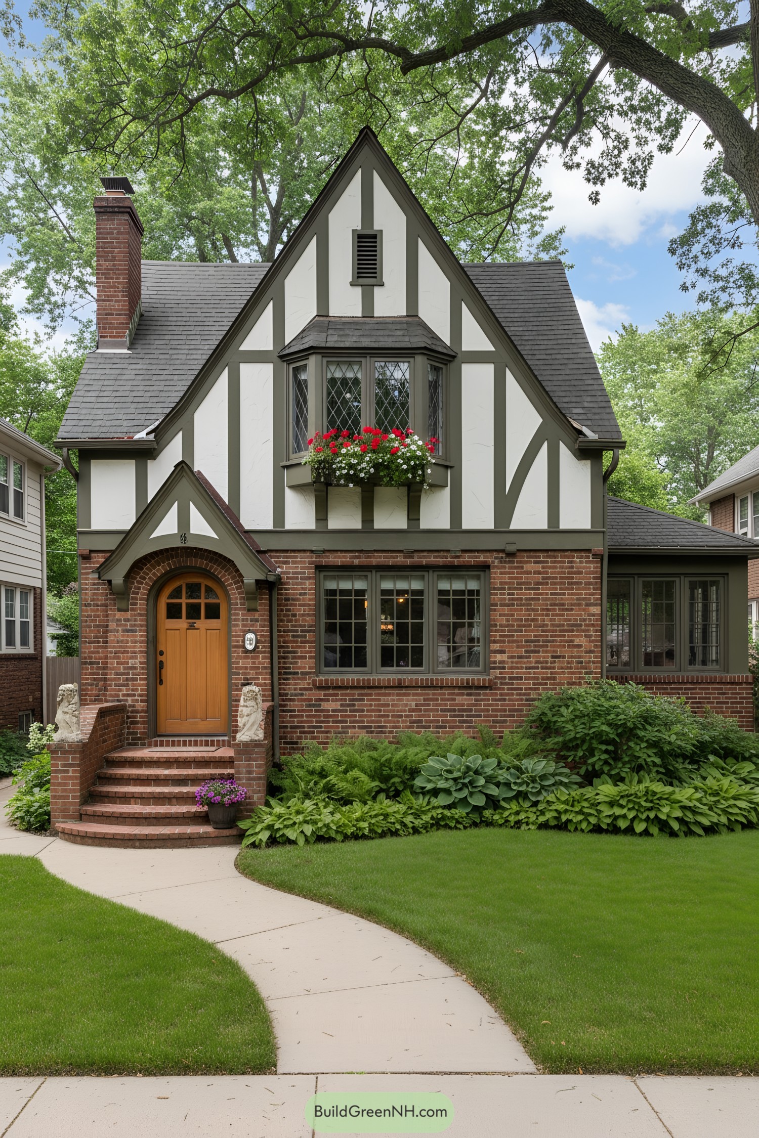 Tudor cottage with brick base, timbering, and flower-box bay