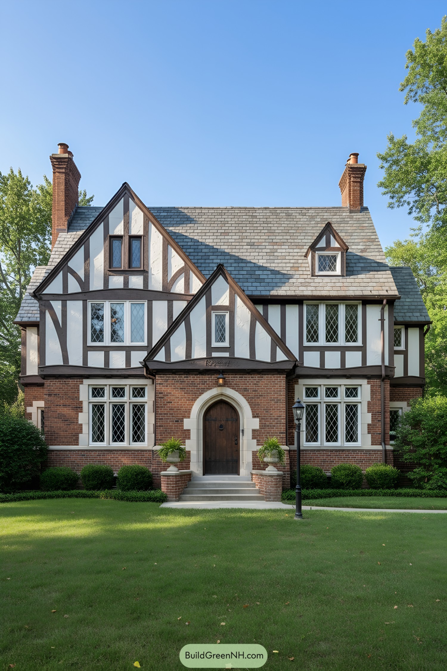 Brick-and-stucco Tudor with gables and leaded windows