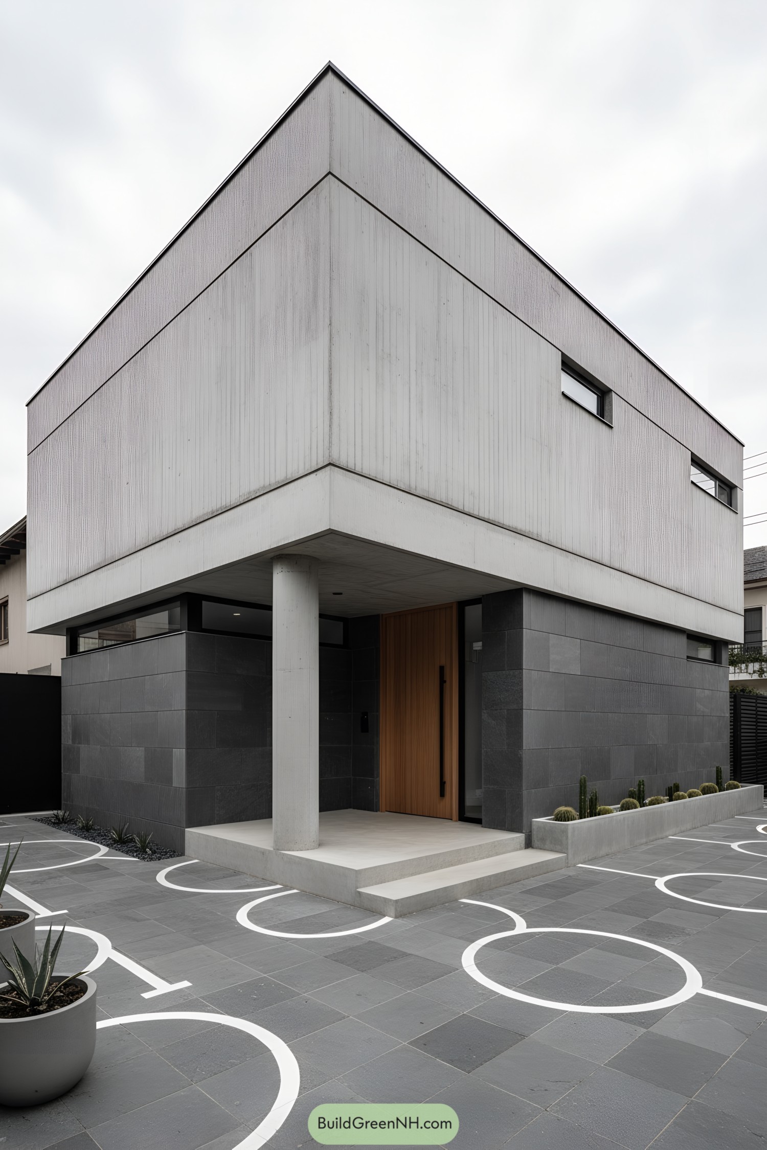 Minimalist two-story concrete house with cantilevered upper level, slate base, and wood front door