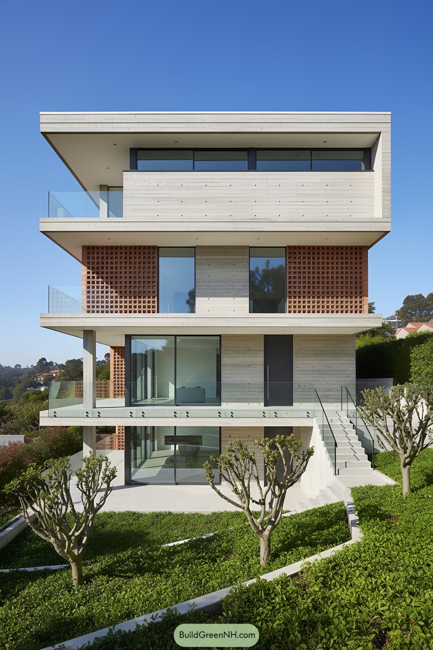 Modern terraced concrete house with glass and brick screens