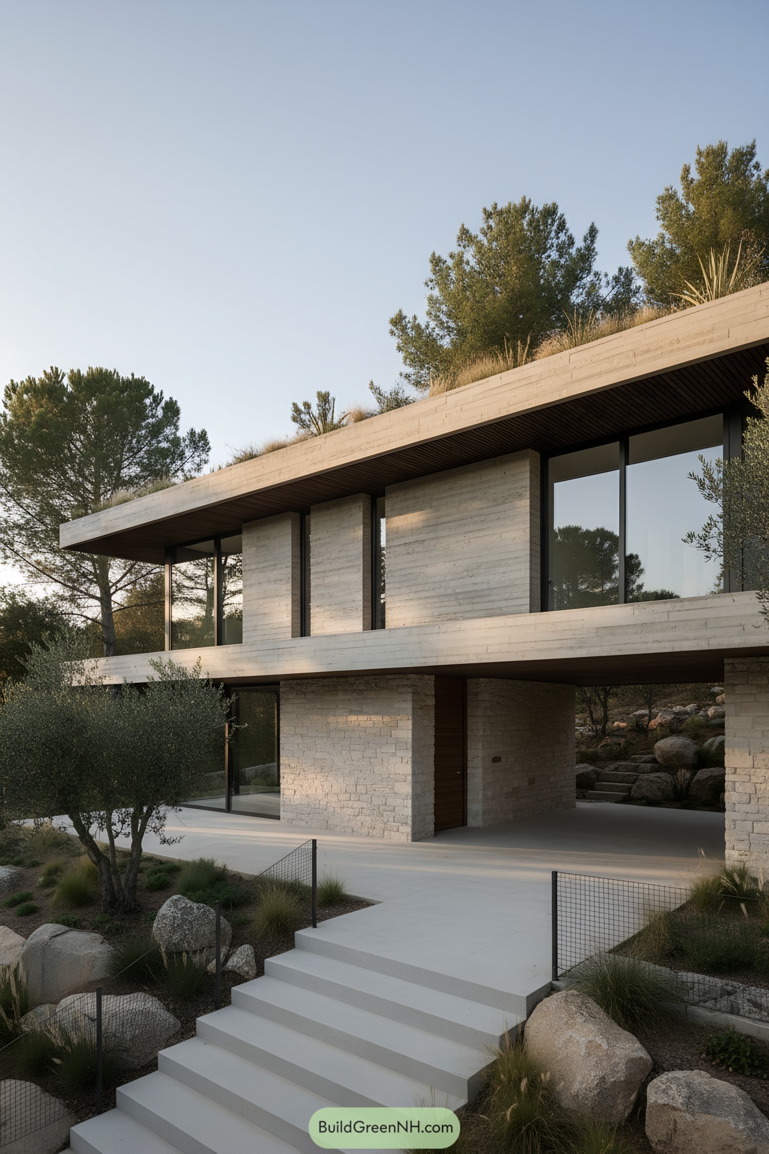 Two-story exposed-concrete home with green roof