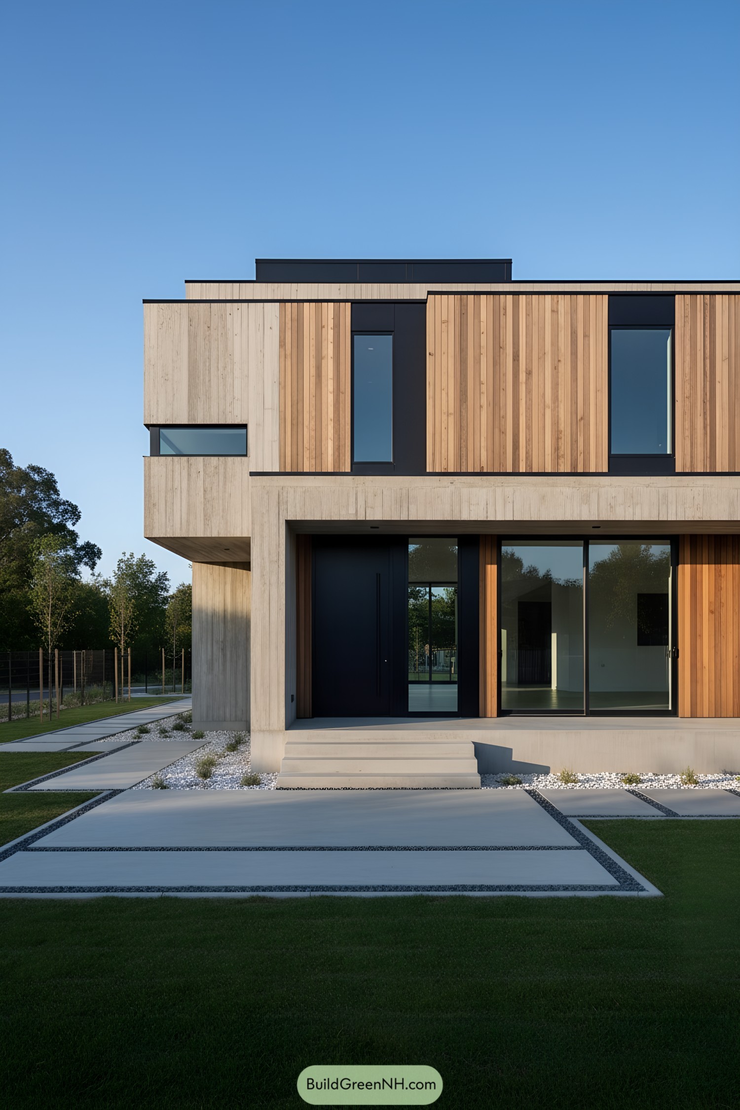 Modern concrete house with vertical wood cladding and dark-framed windows