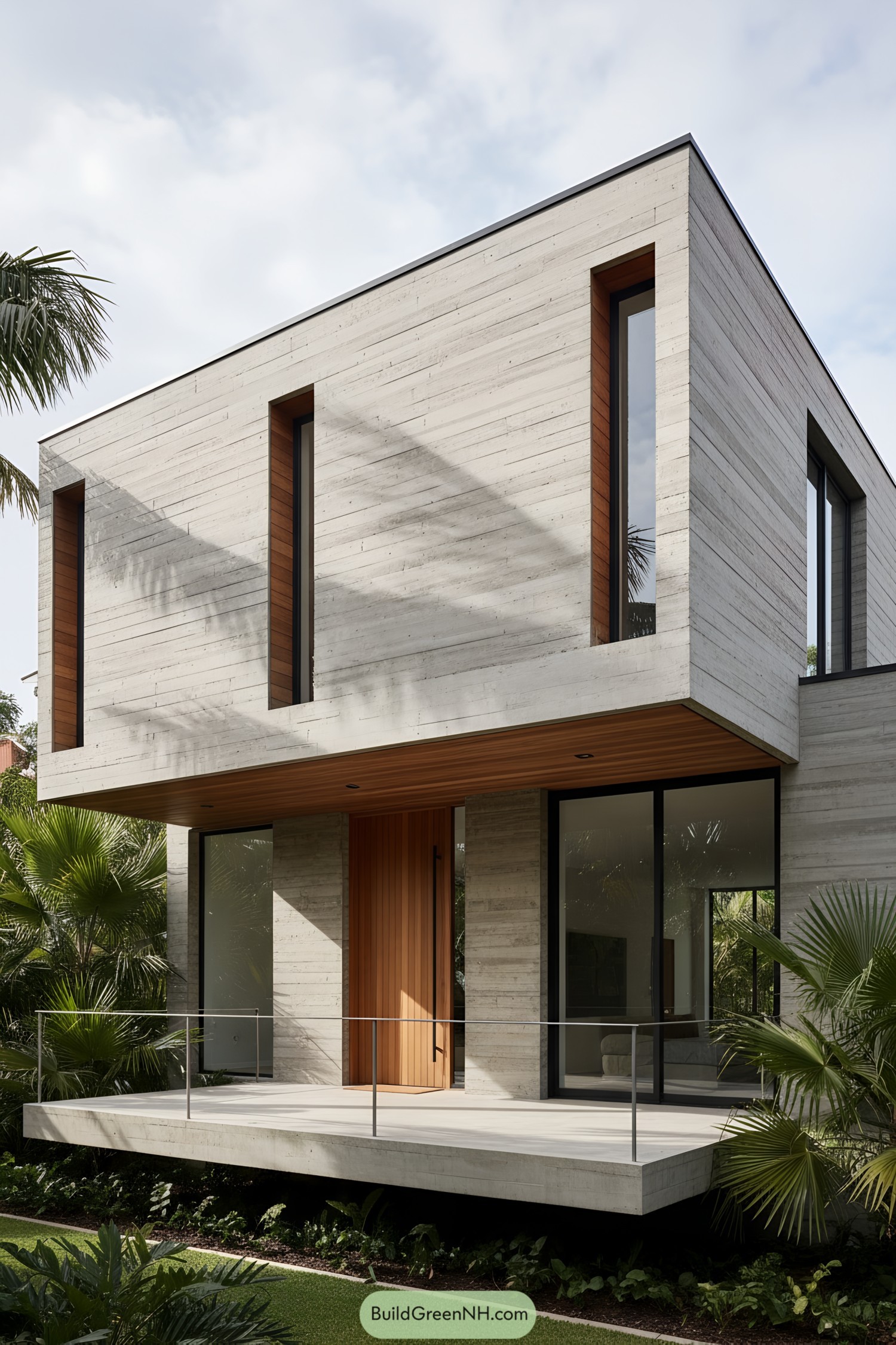 Modern concrete house with vertical slit windows and warm timber accents