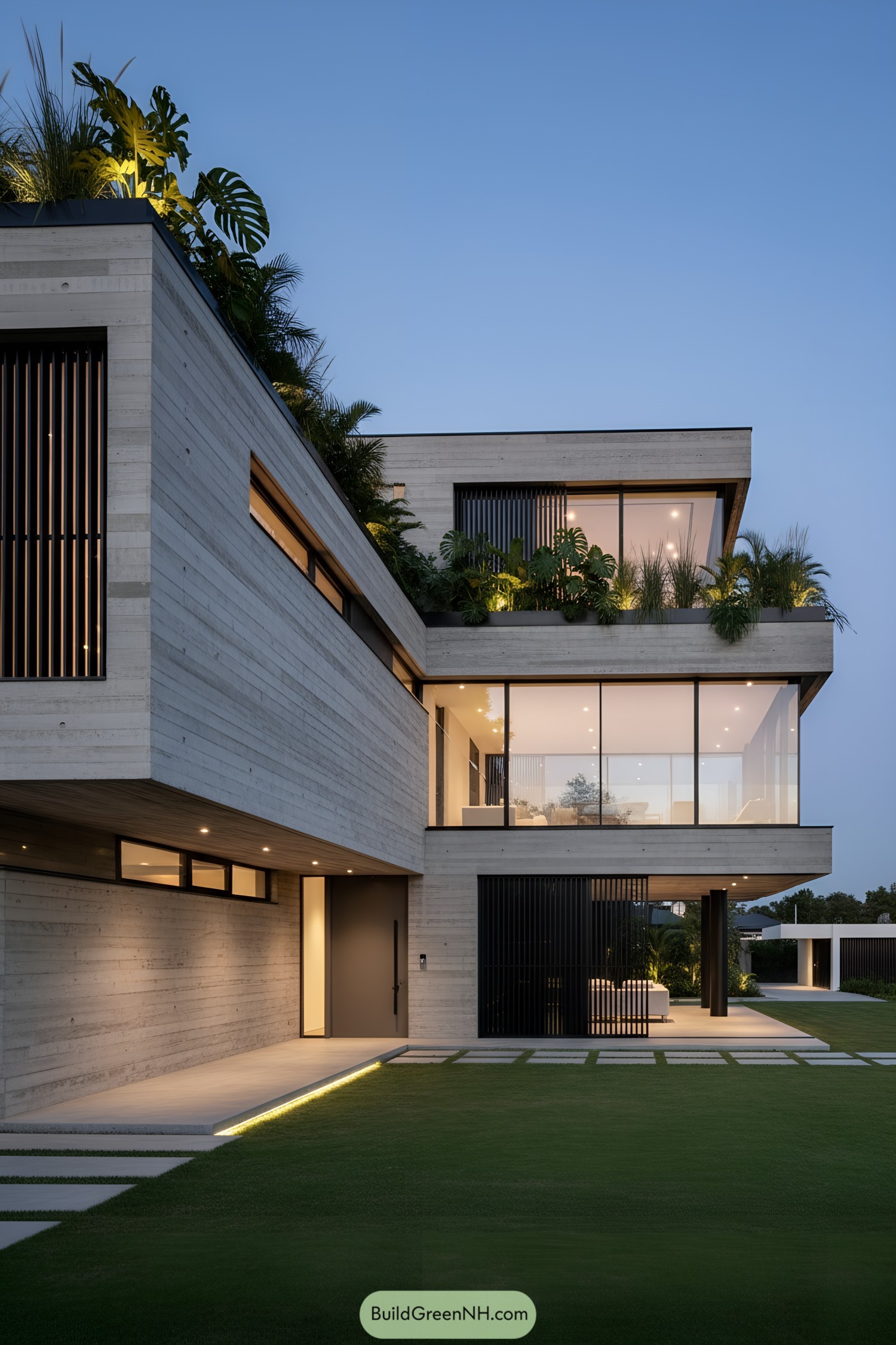 Modern concrete home with layered terraces and lush planters