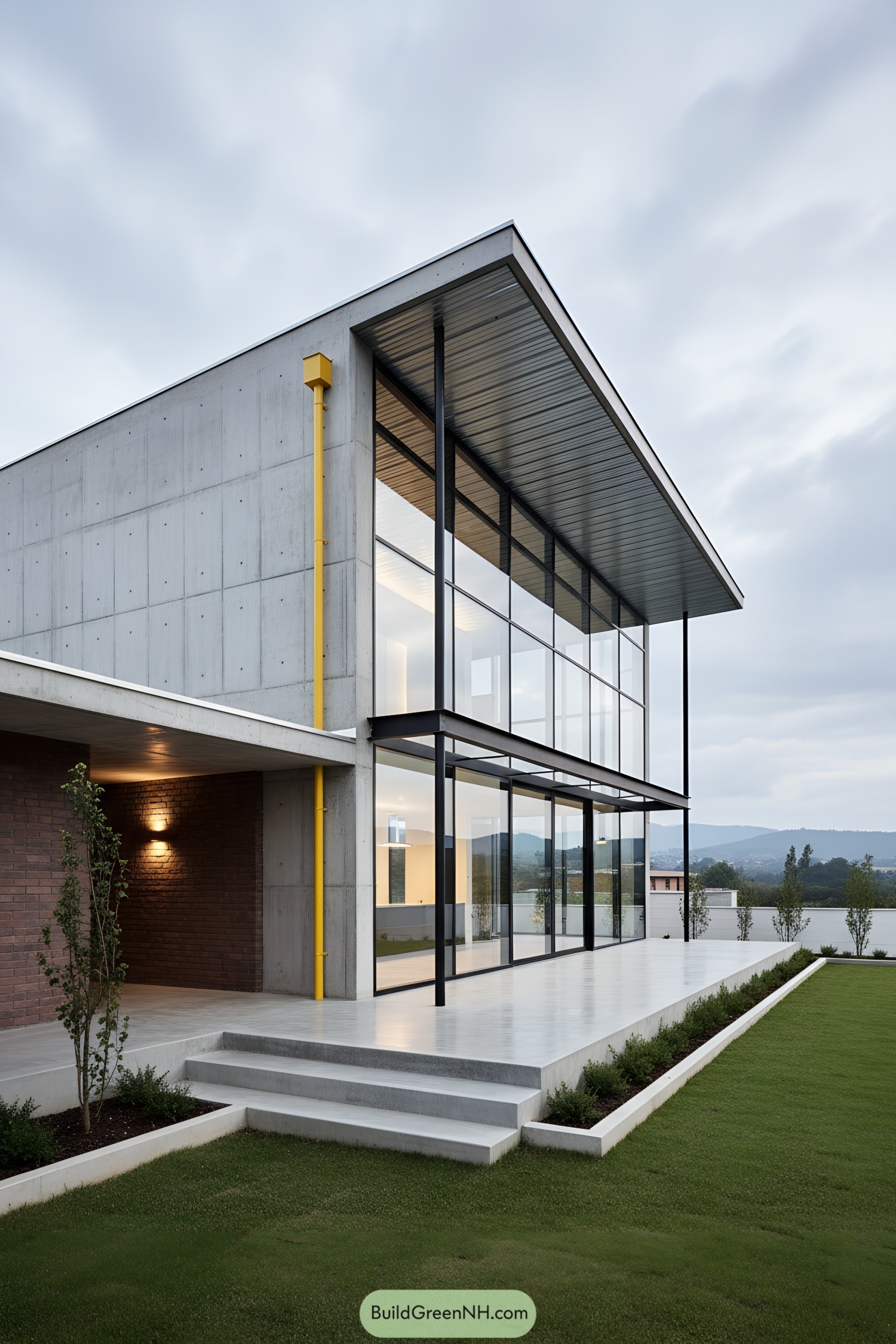 Modern concrete house with glass facade and overhanging metal roof