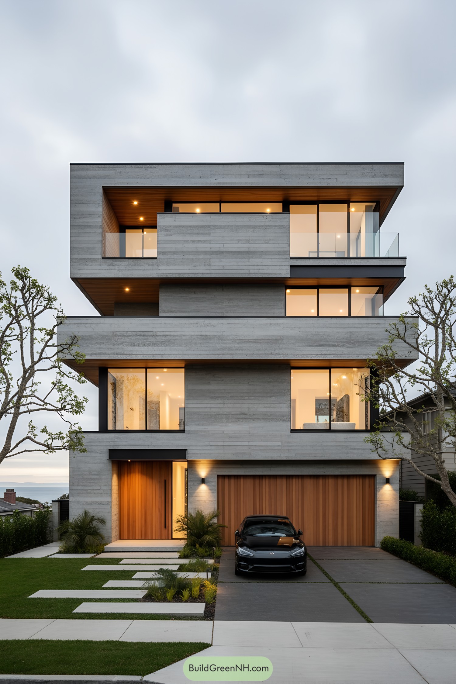 Three-story exposed-concrete home with glass terraces
