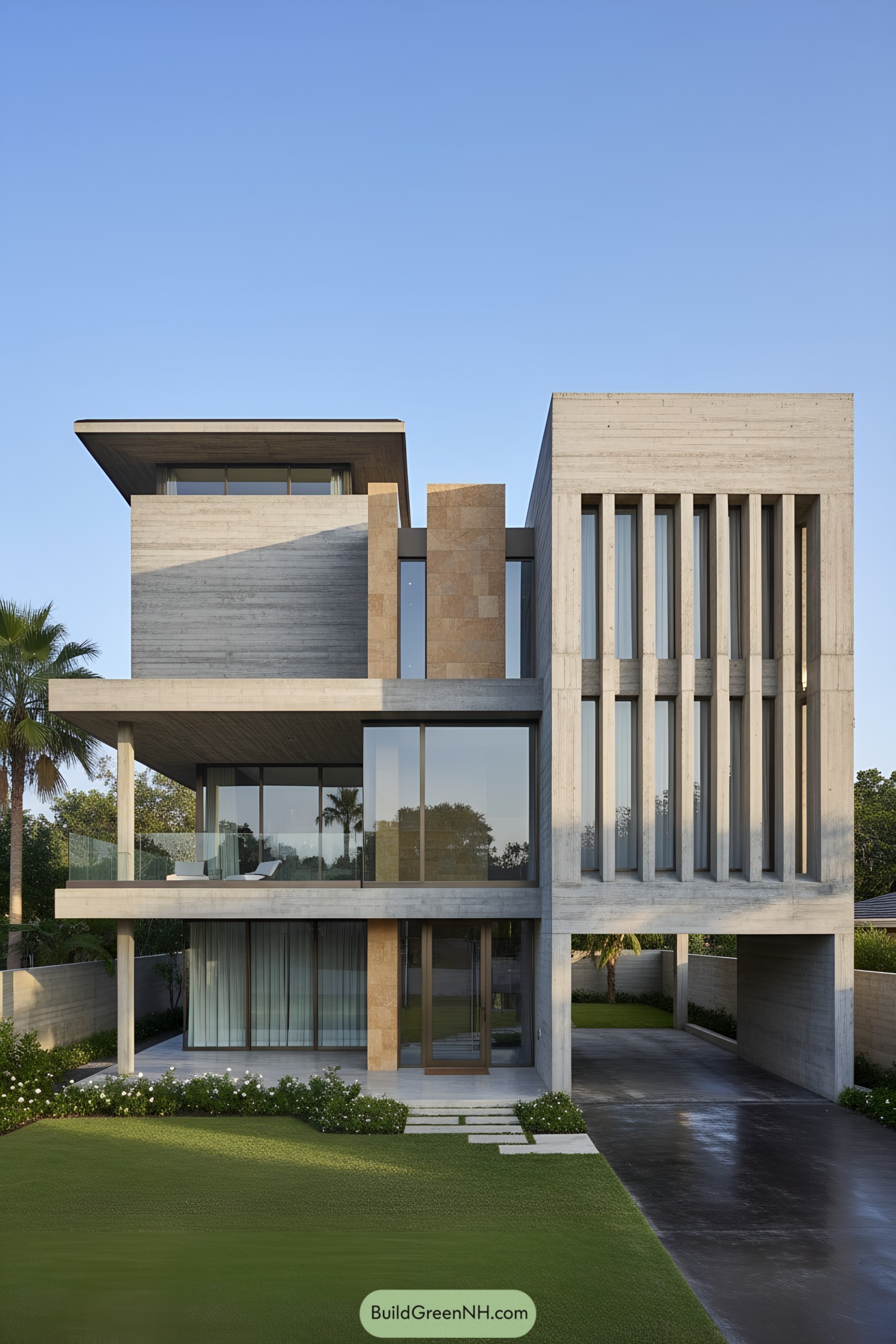 Three-story concrete house with vertical fins and glass