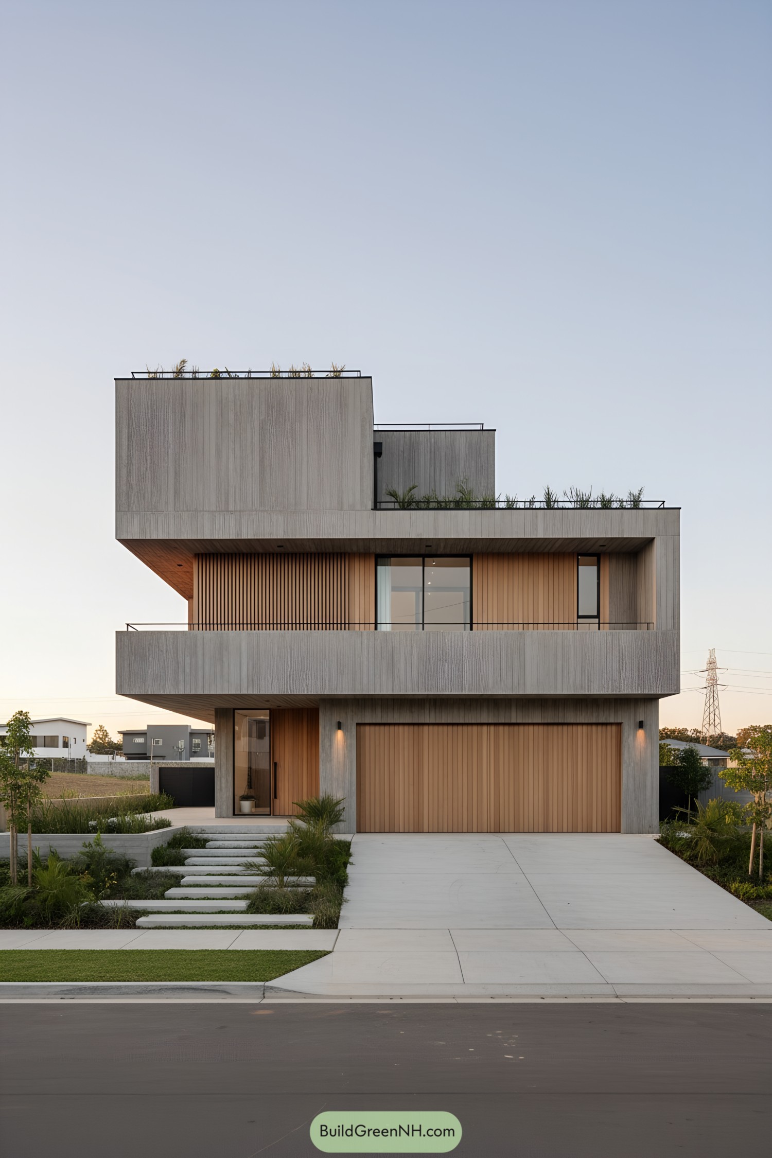 Three-story concrete box house with warm timber accents and rooftop greenery