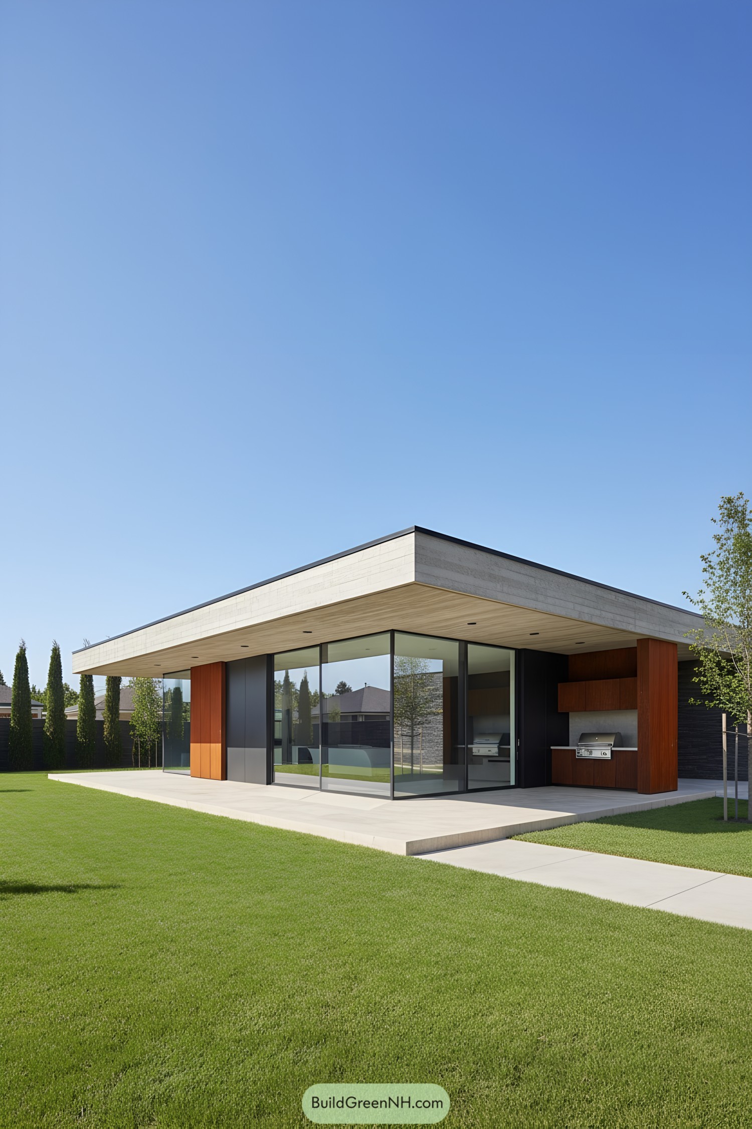 Low, flat modern house with glass walls