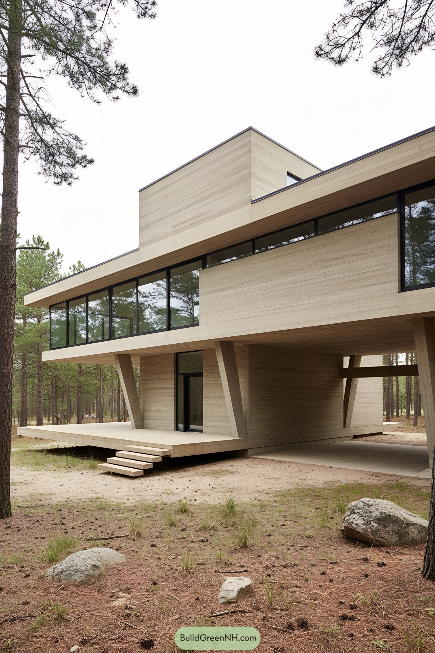 Elevated concrete house with long ribbon windows