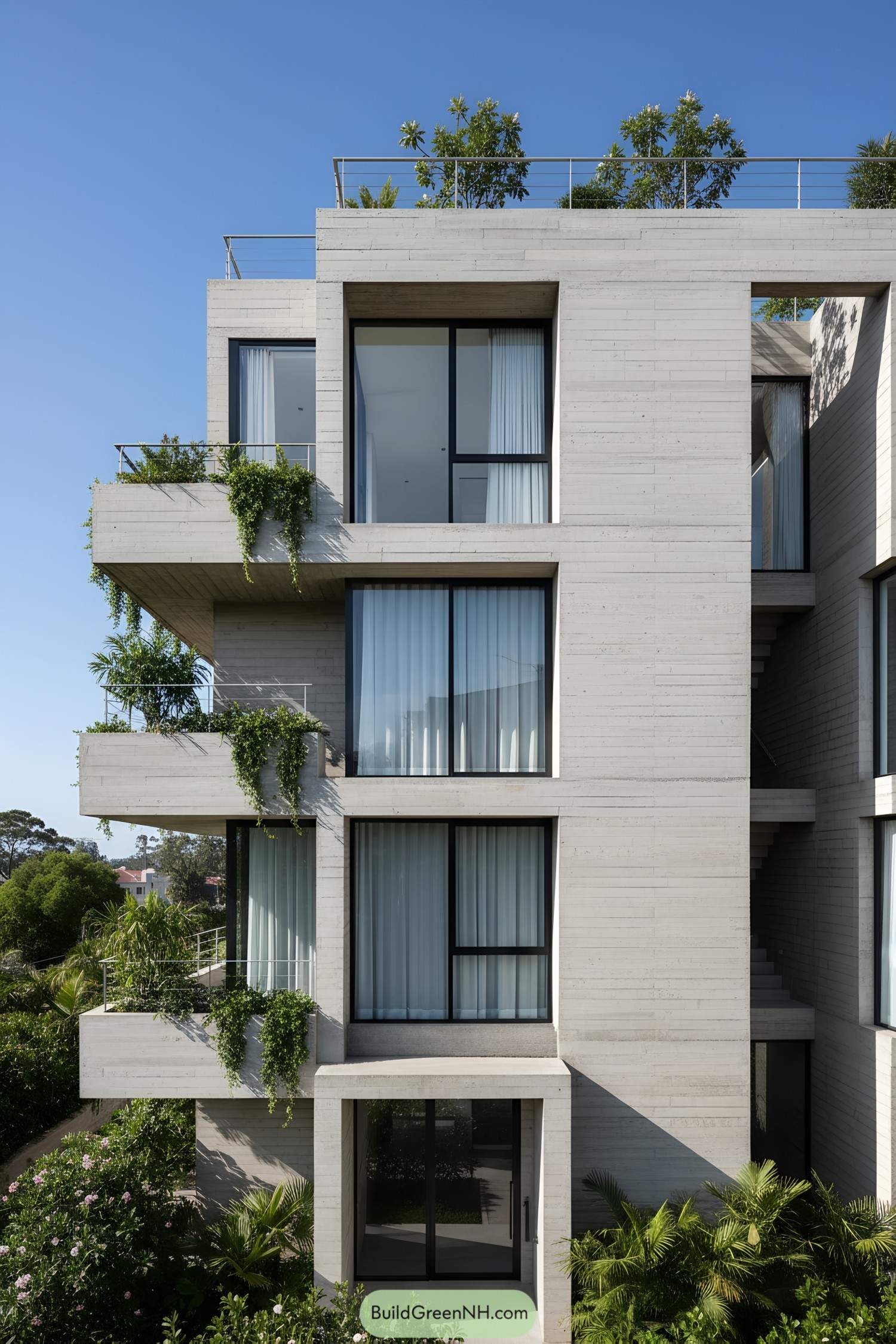 Exposed-concrete residence with stacked planted balconies
