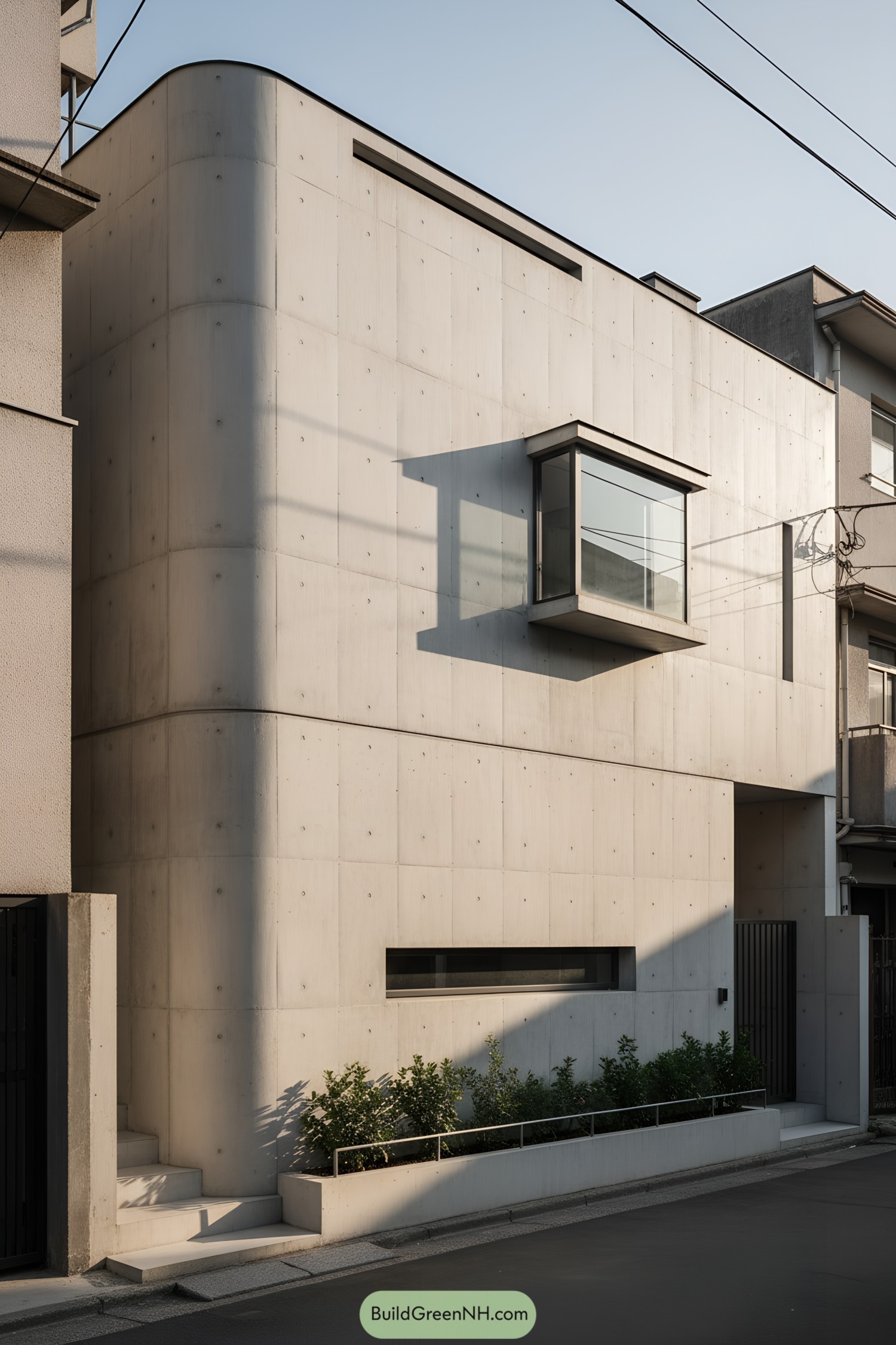 Minimal concrete townhouse with corner radius and box bay