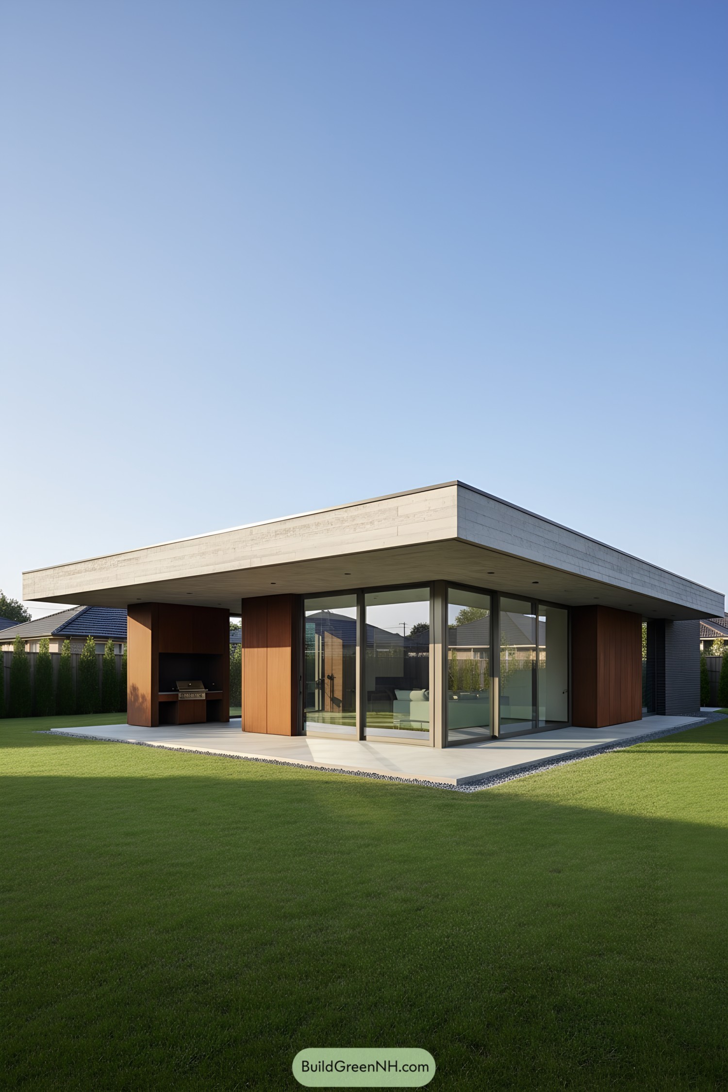 Single-story concrete pavilion with deep overhangs and glass walls