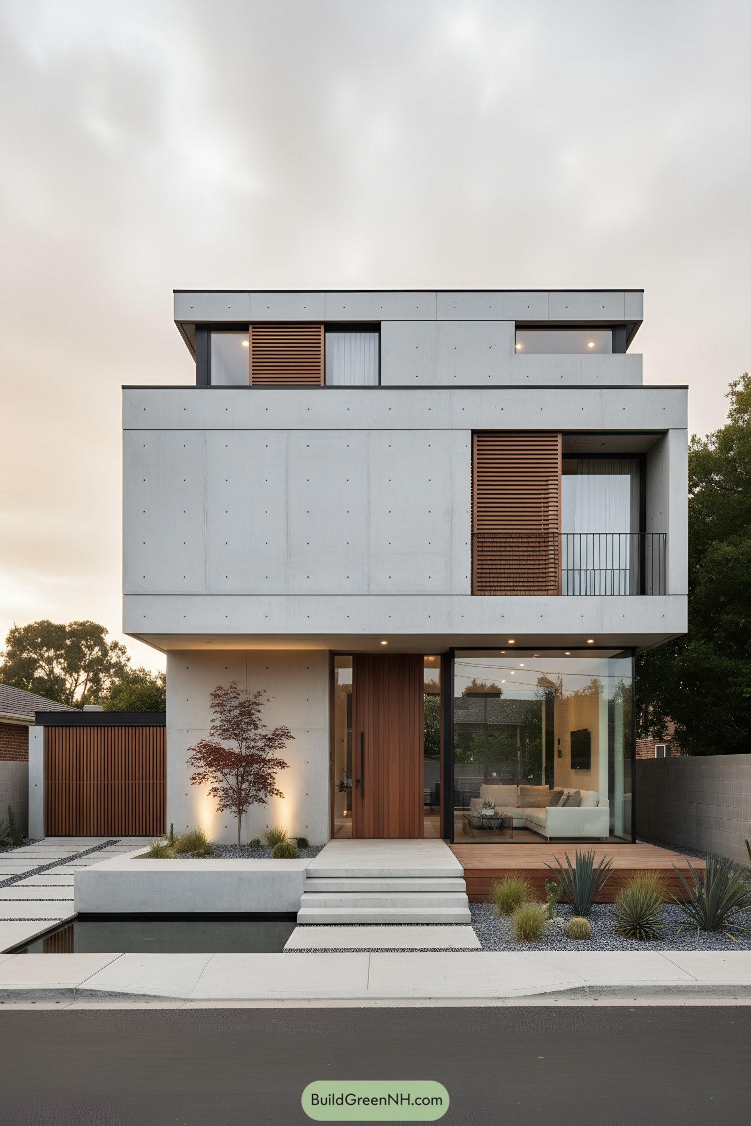 Modern concrete home with wood slats and glass corner