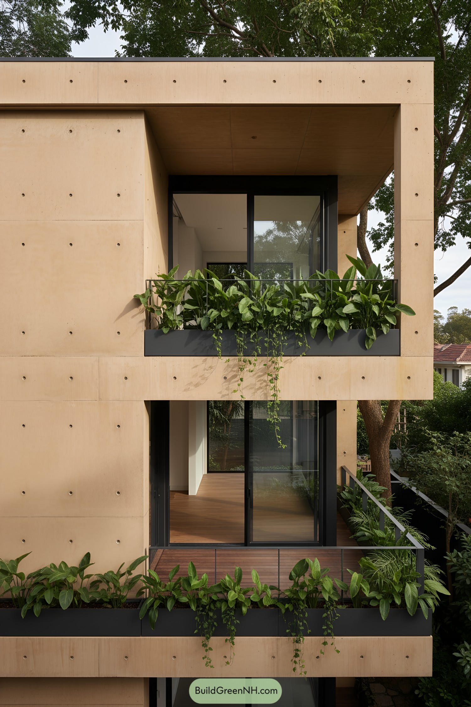 Exposed concrete townhouse with deep planters and sliding glass