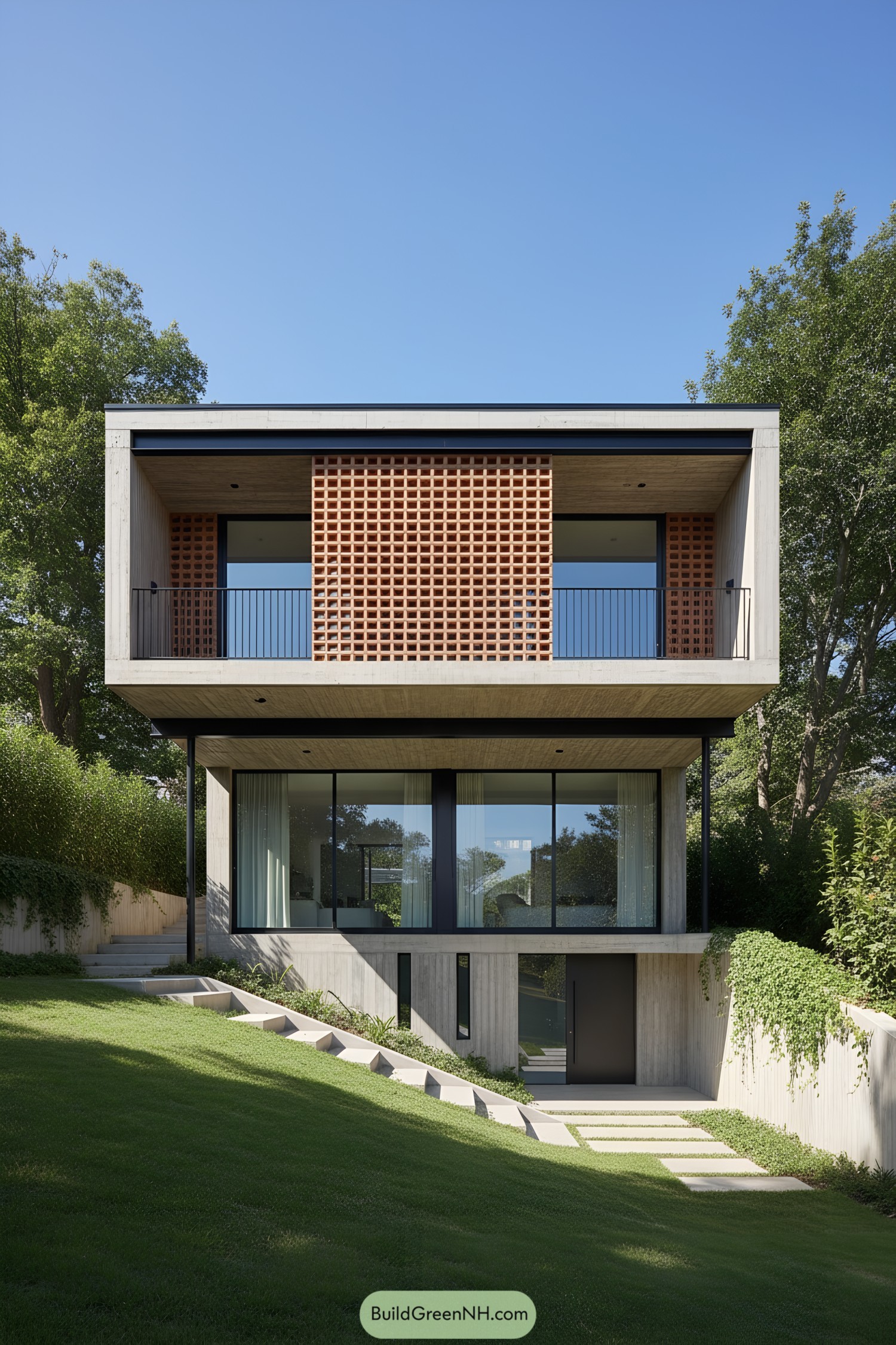 Two-story concrete house with terracotta breeze-block screen and large glass openings on a sloped lawn