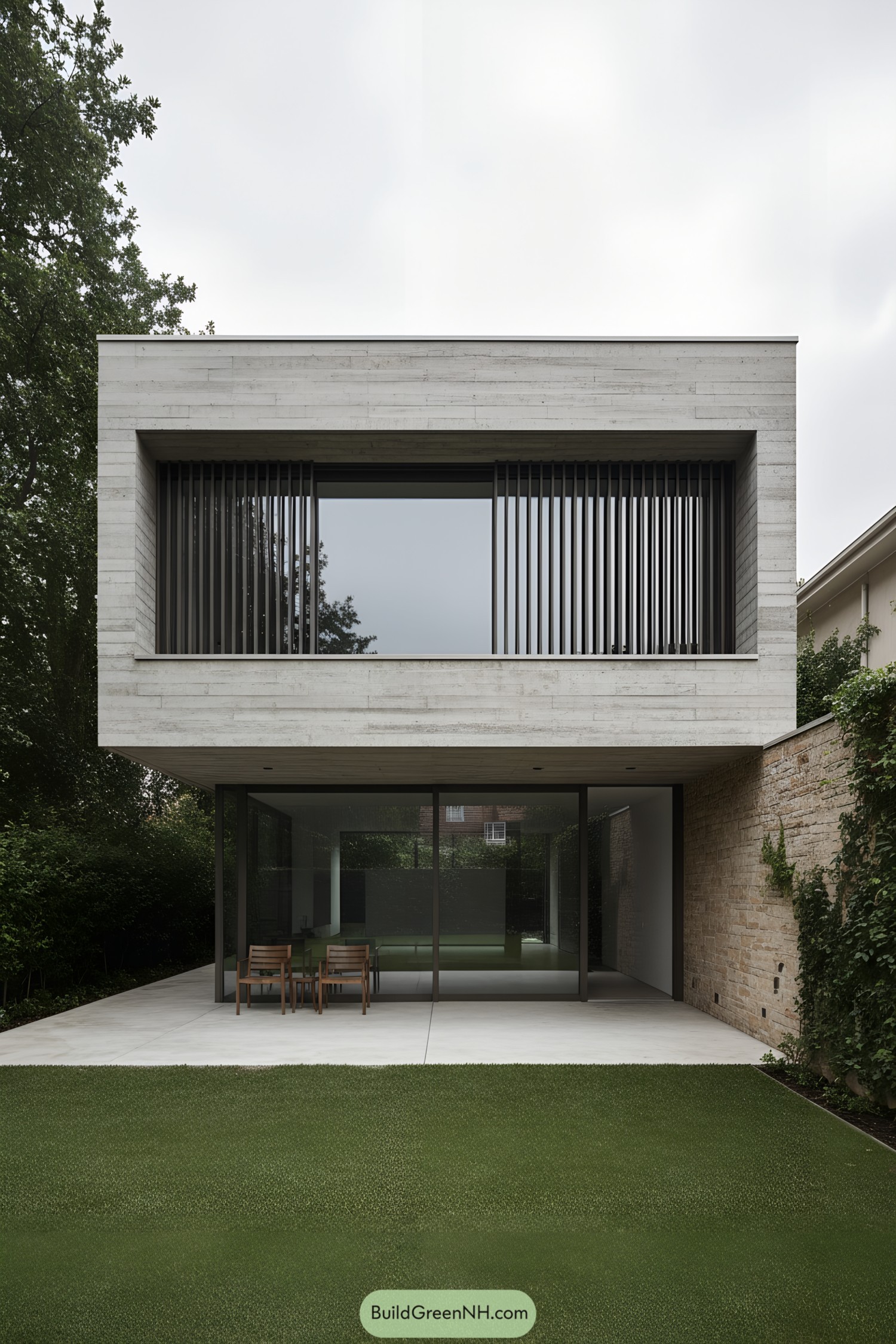 Two-story concrete house with deep overhang and vertical slat screens facing a lawn