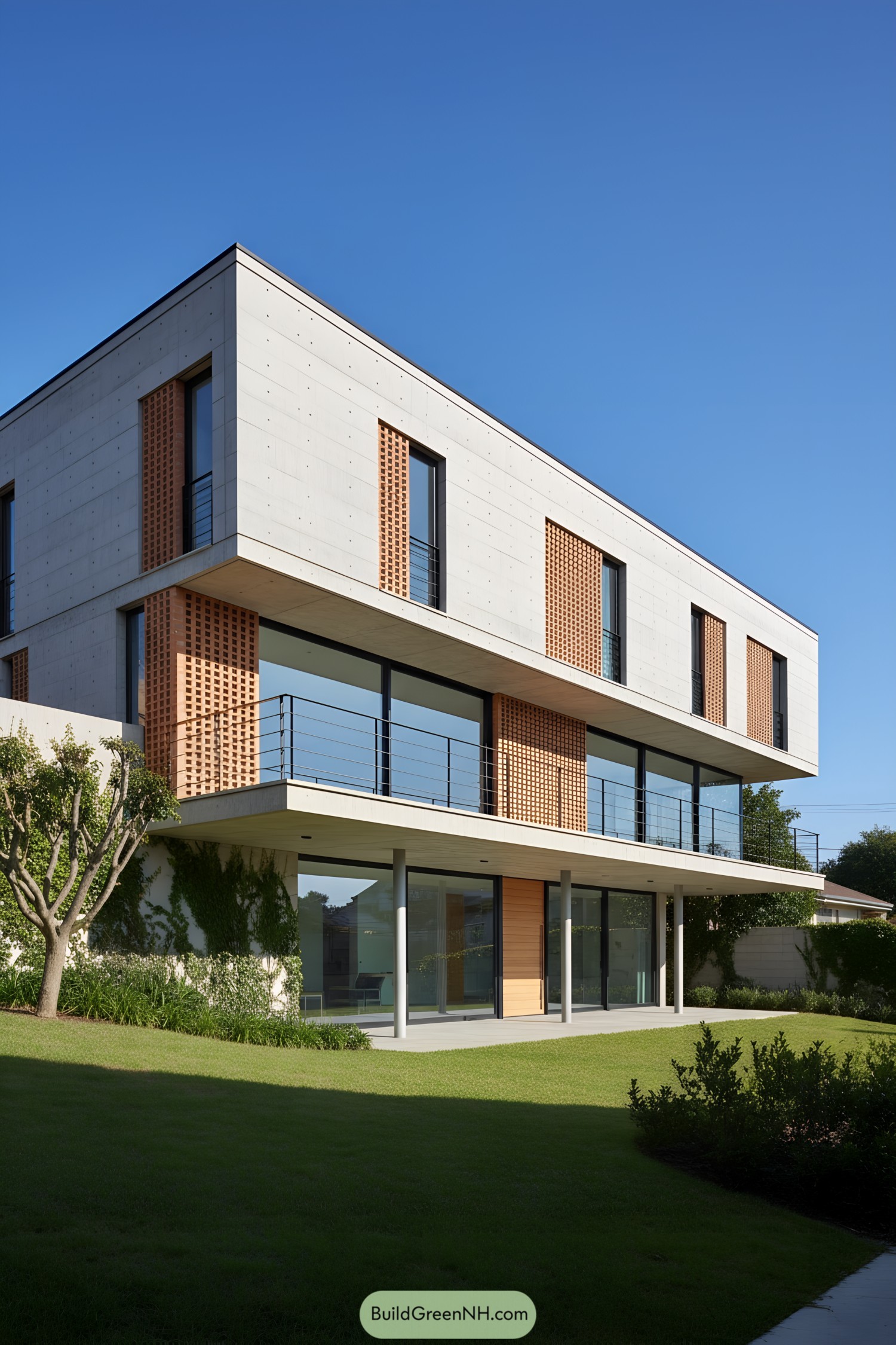 Three-story concrete house with breeze-block screens and glass balcony