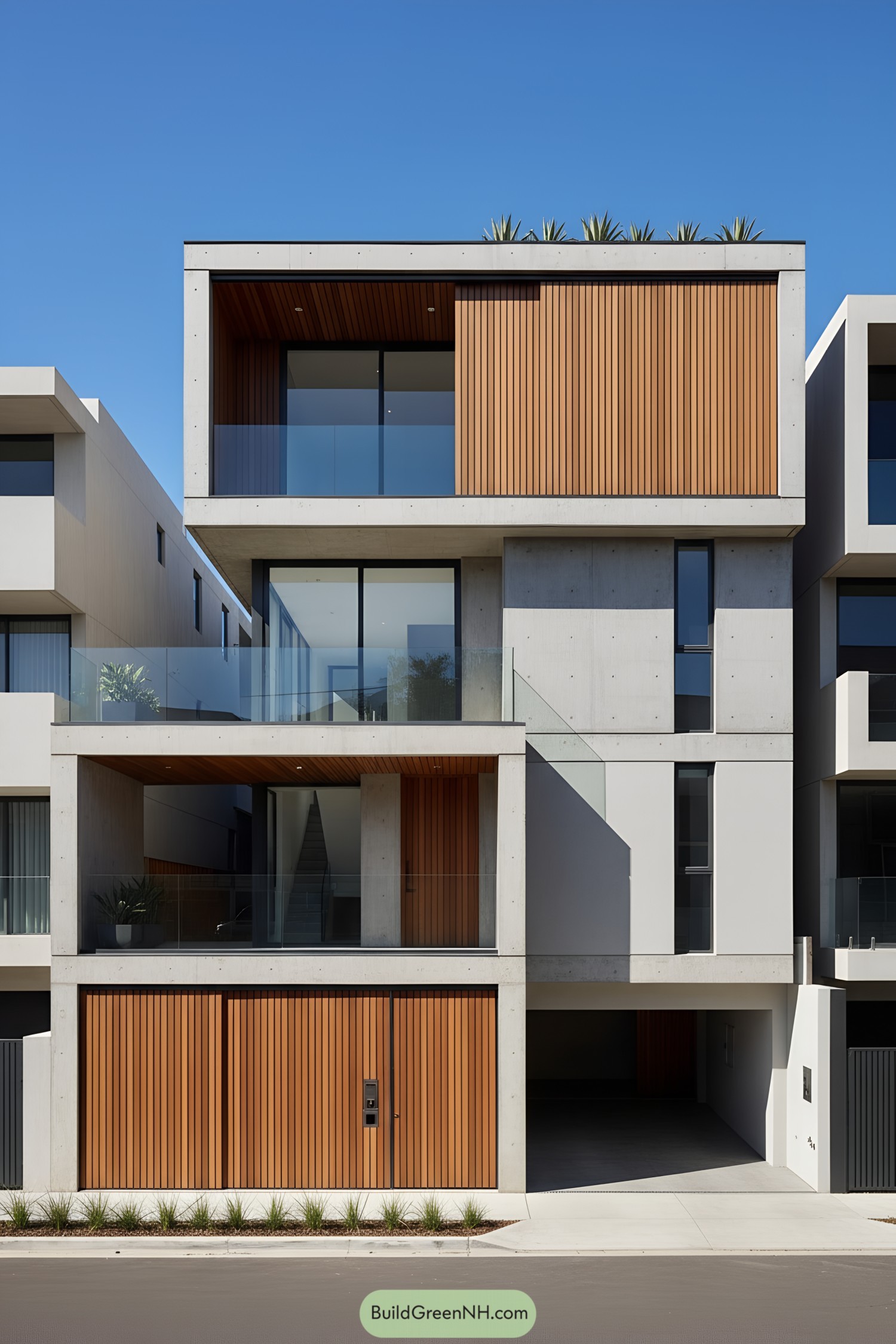 Modern concrete townhouse with vertical timber screens and glass balconies