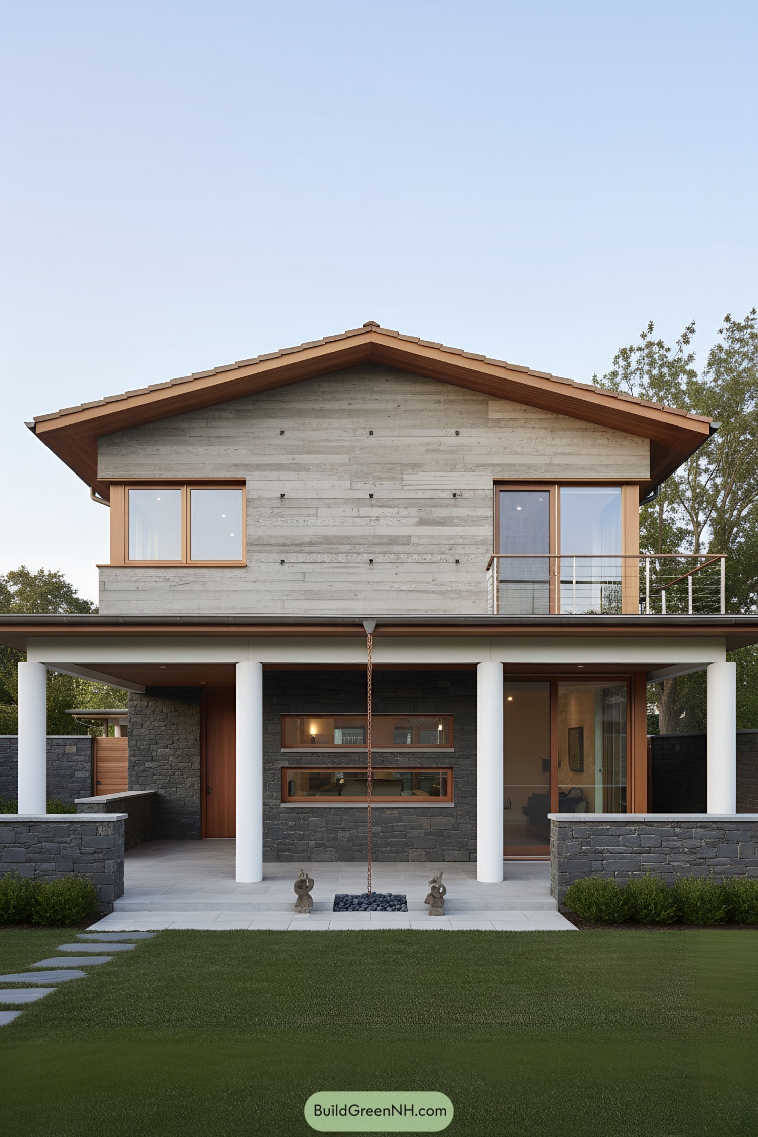 Two-story gabled house with exposed concrete, stone base, and white columned porch