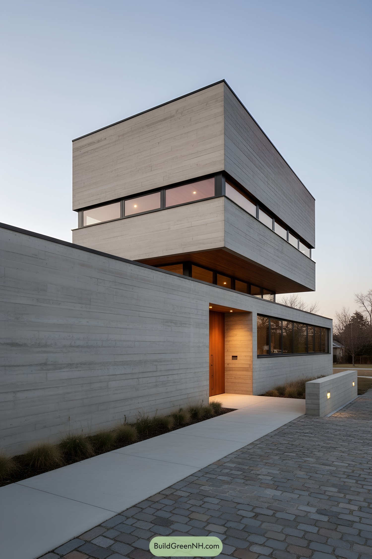 Minimalist concrete house with cantilevered upper volume
