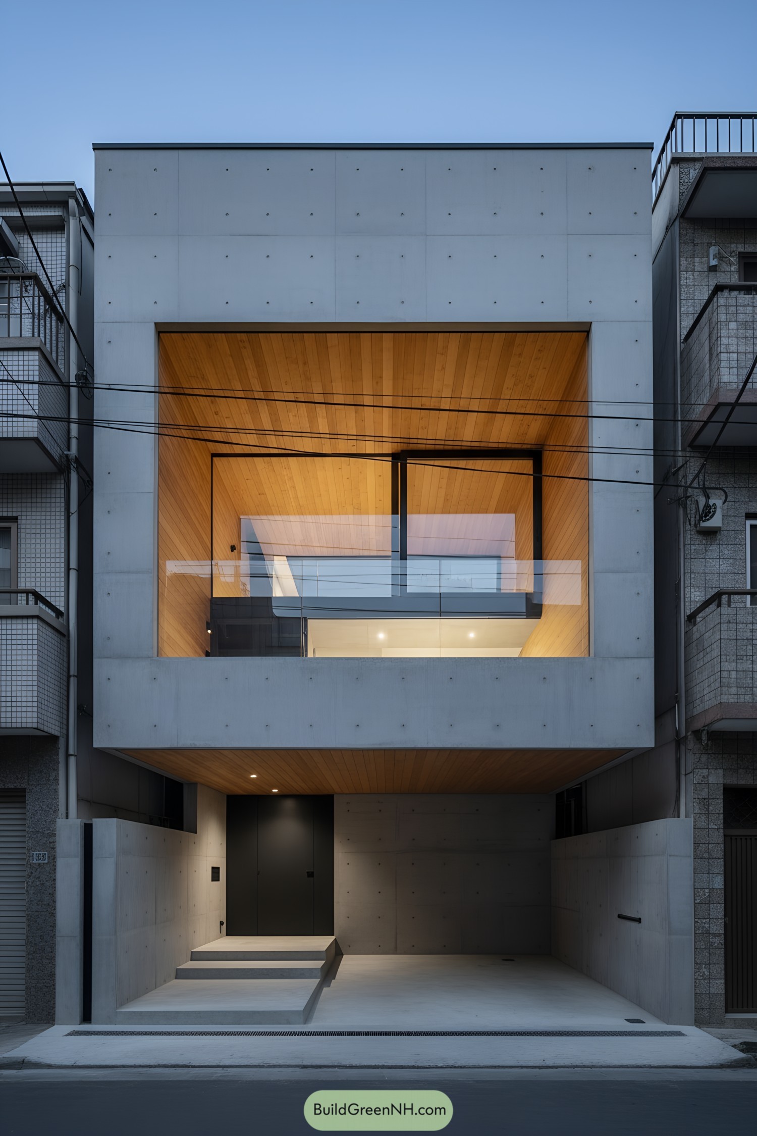Minimalist street-facing concrete house with timber-lined inset terrace and glass guardrail