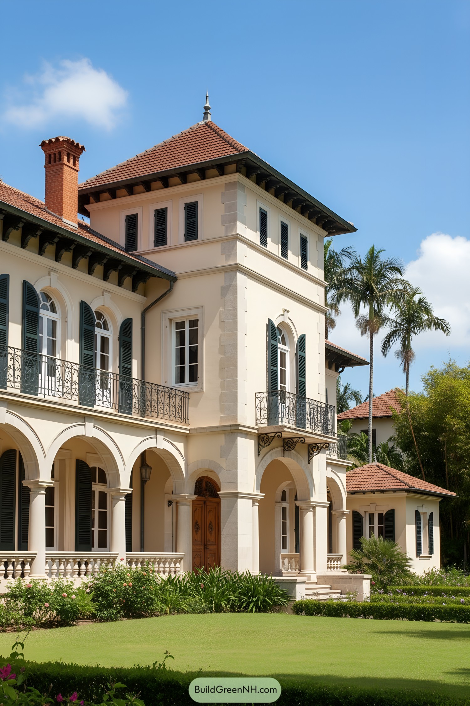 Stuccoed villa with arcades, shutters, and terracotta roofs