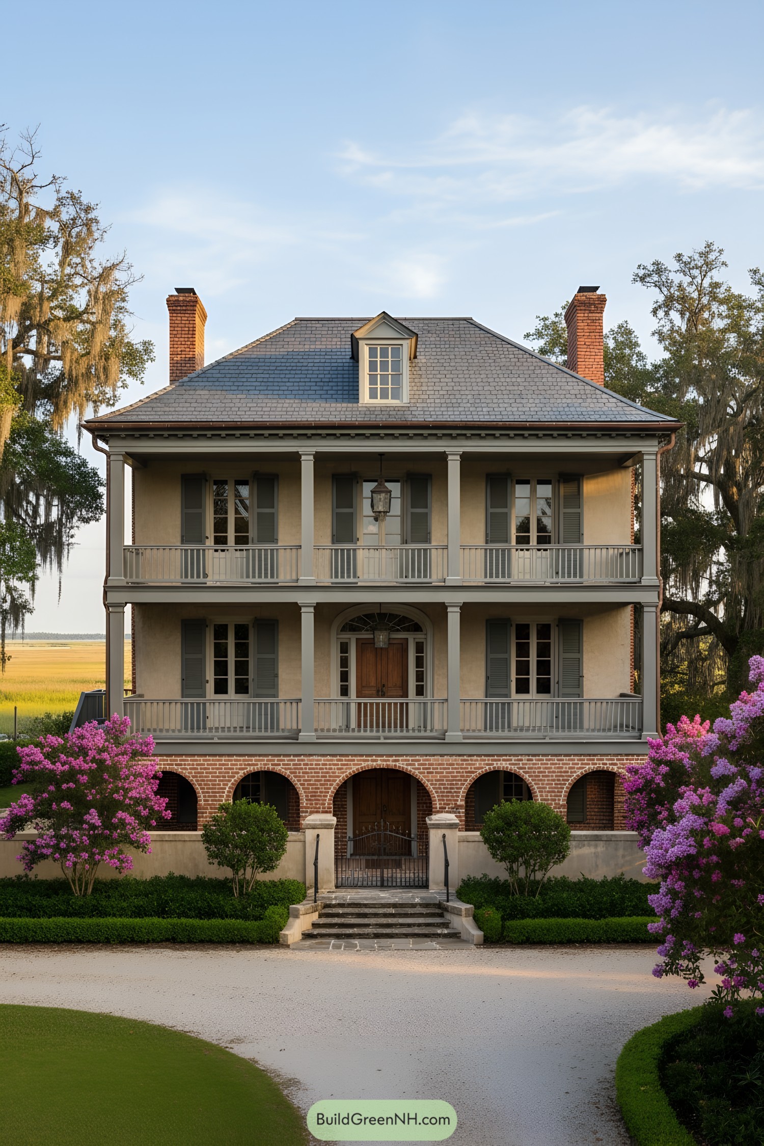 Three-story French Colonial home with twin galleries, arched brick base, and hipped roof