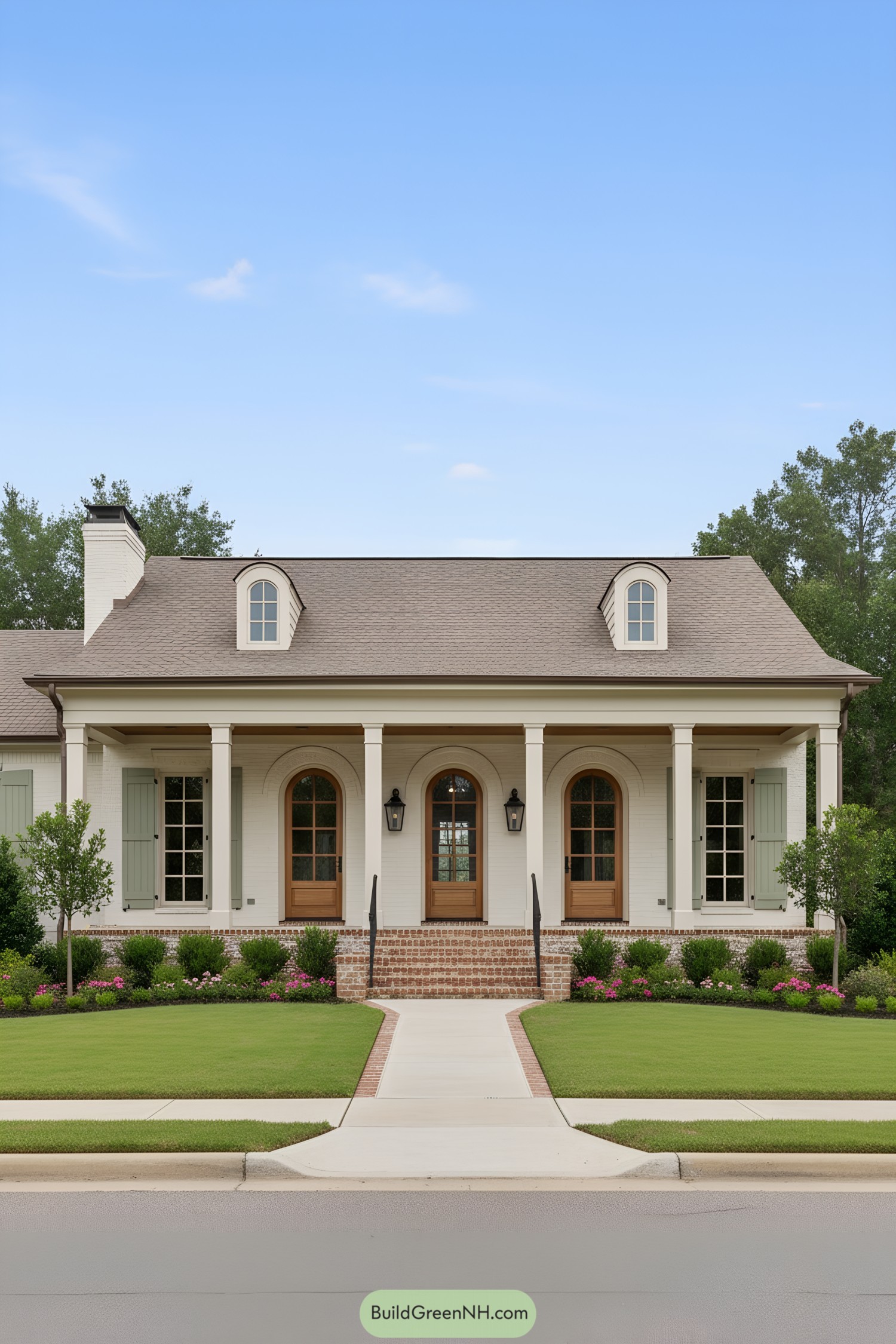 Elegant French Colonial cottage with arched porch, dormers, and shutters