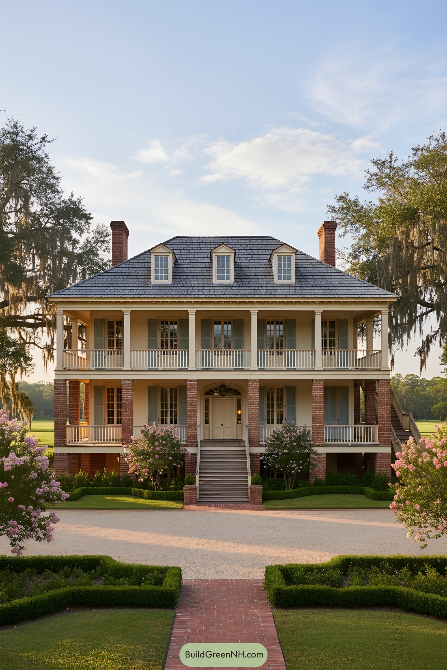 Two-story brick-and-porch French Colonial house with dormers and grand central stairs