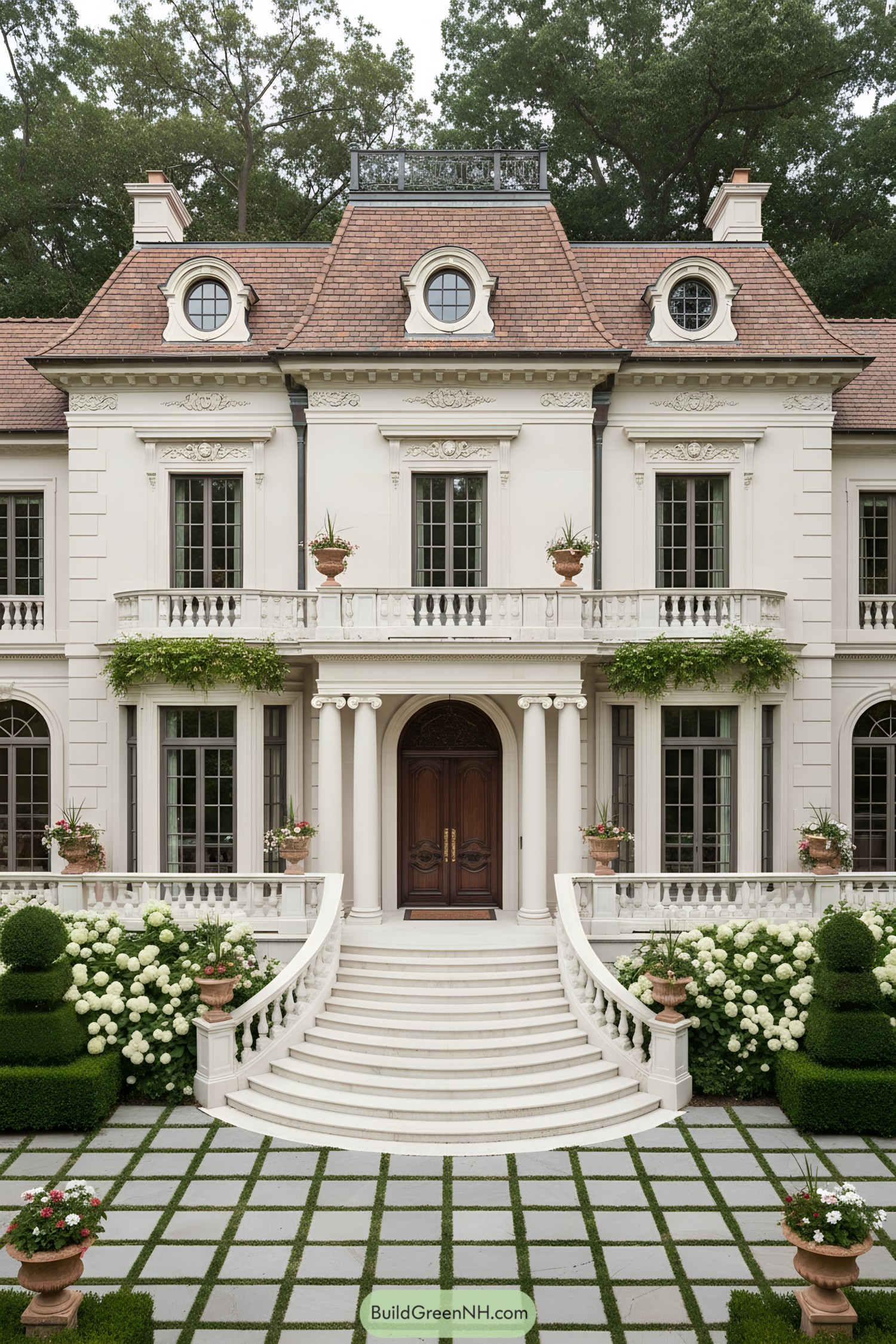 Symmetrical French Colonial façade with grand balustraded steps and dormered mansard roof
