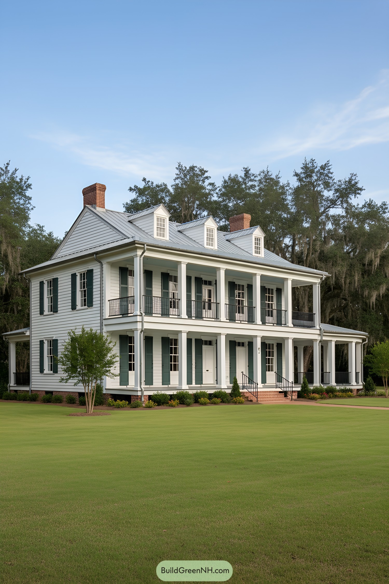 Two-story French colonial house with wraparound porches