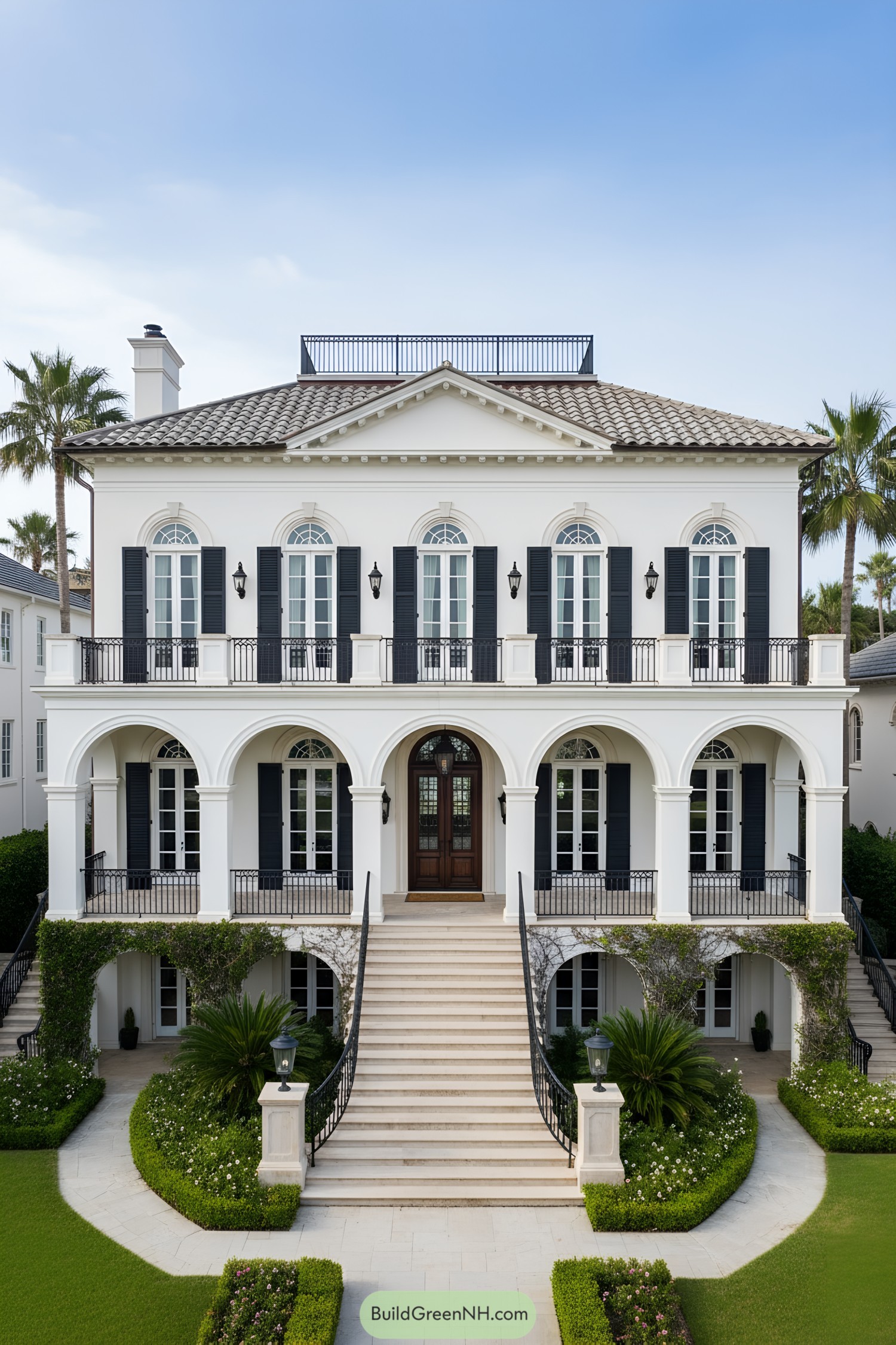 Grand white French Colonial house with arched loggias, black shutters, and central stairway