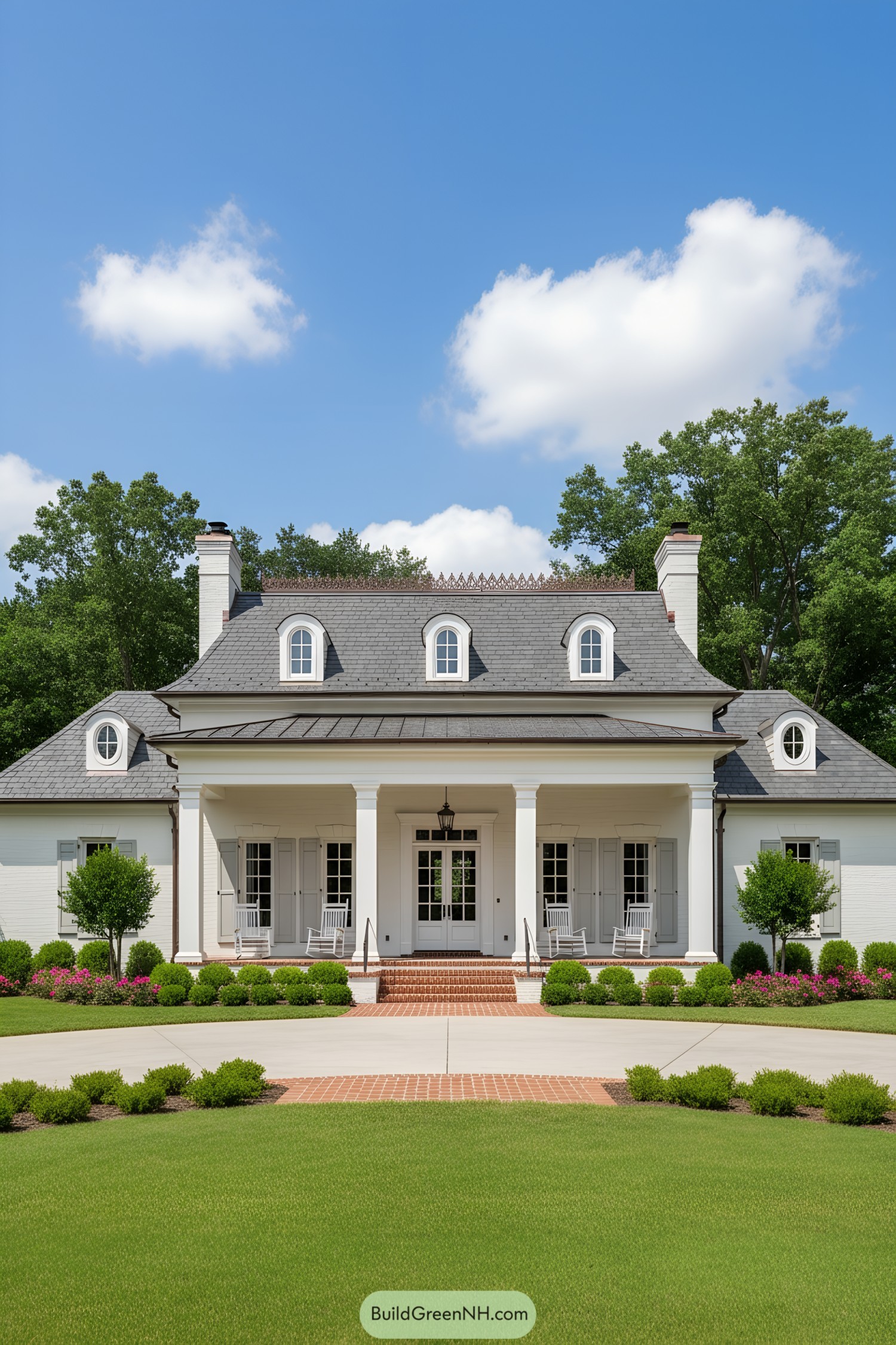 White brick French Colonial with deep porch, gray shutters, and slate dormers