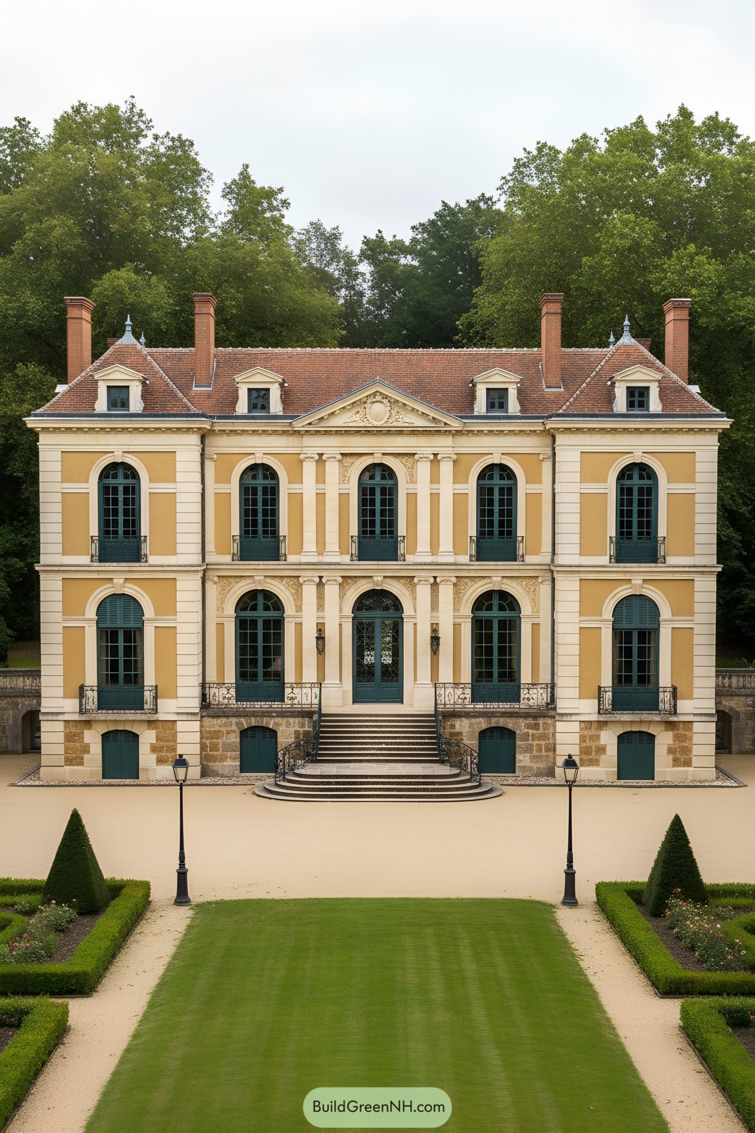 Grand yellow manor with arched teal windows and formal steps