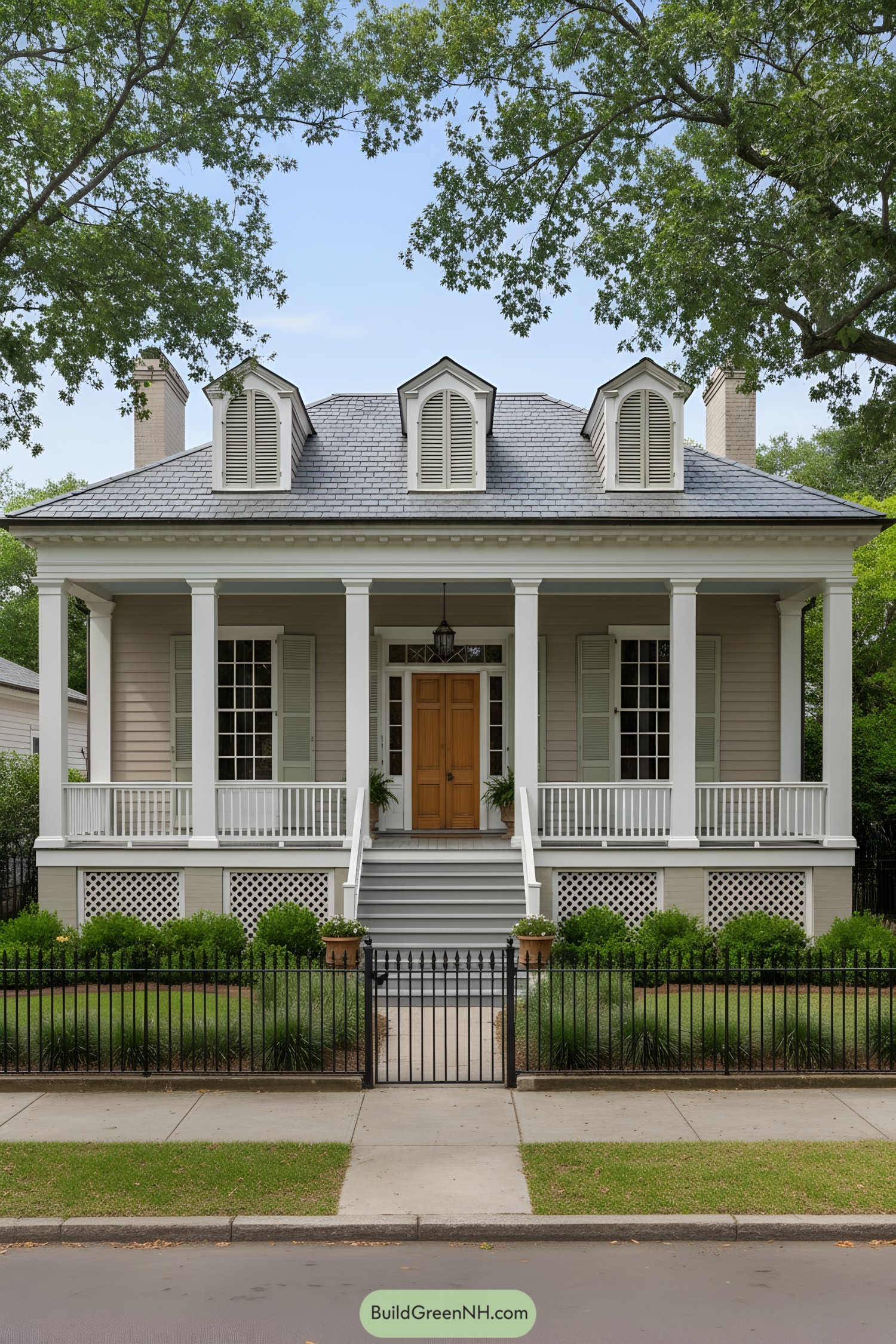 Raised porch with columns, dormers, and shutters