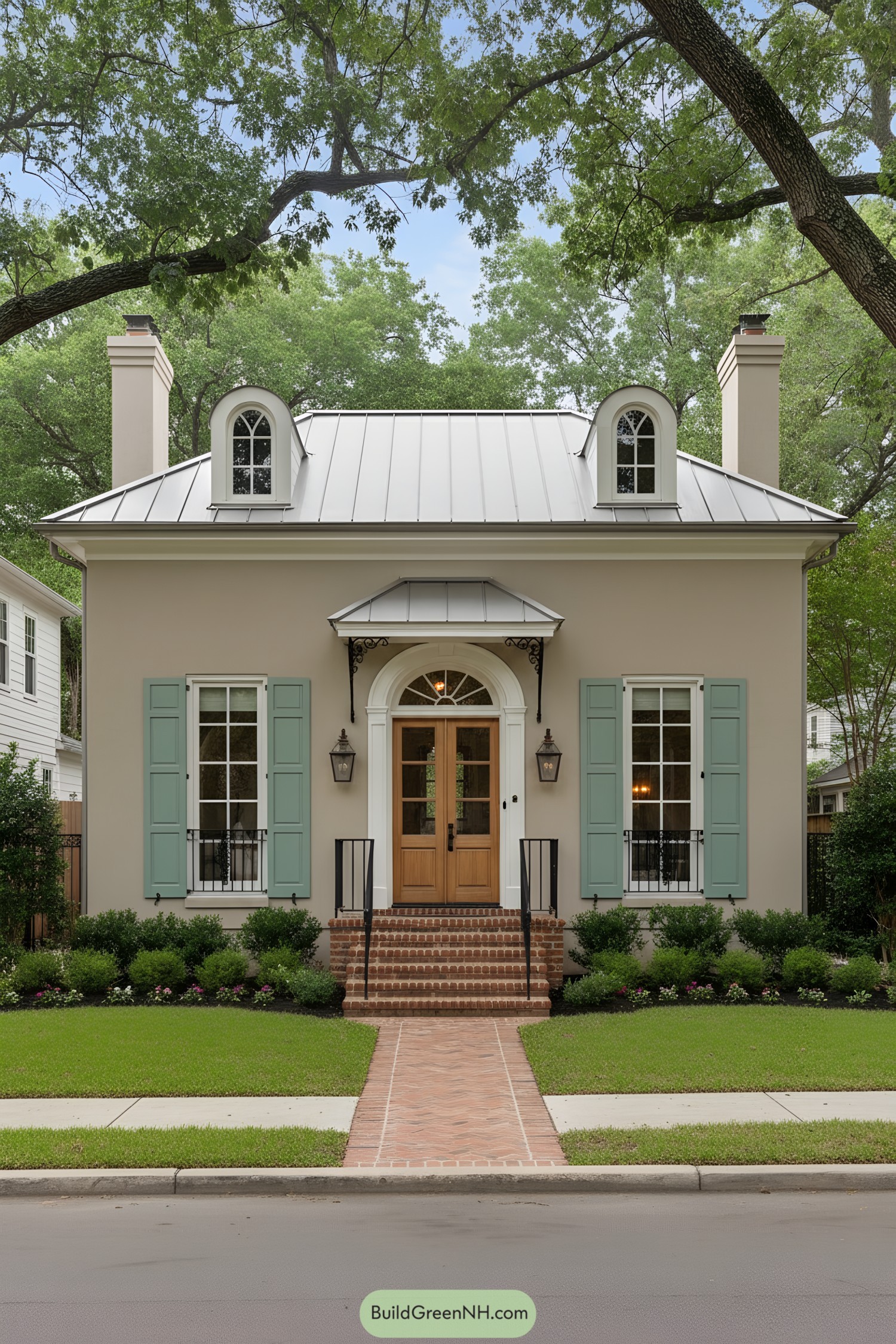 Compact French Colonial cottage with mint shutters, twin dormers, and metal roof