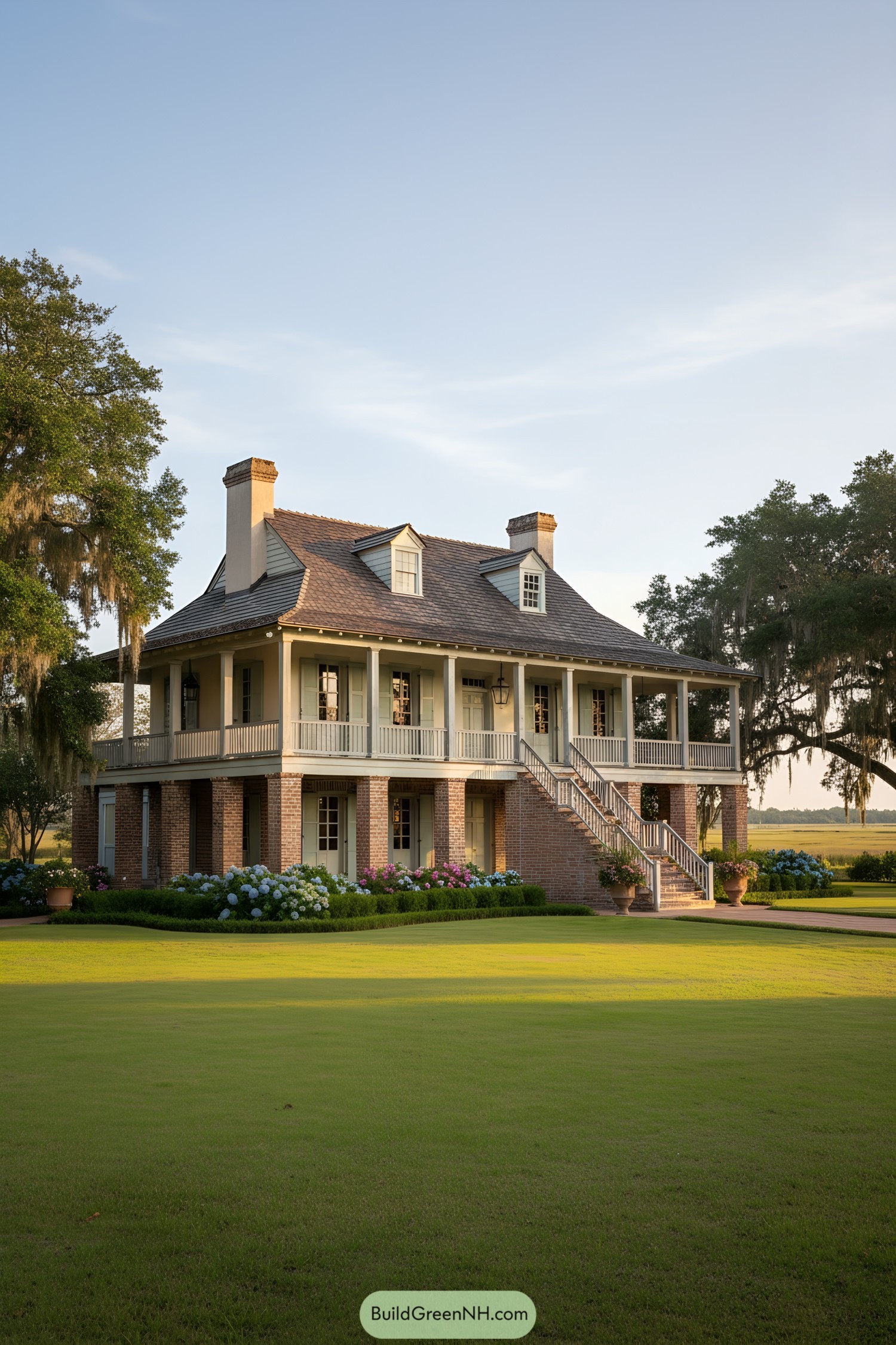 Two-story French Colonial house with wraparound porches, brick piers, and twin exterior staircases