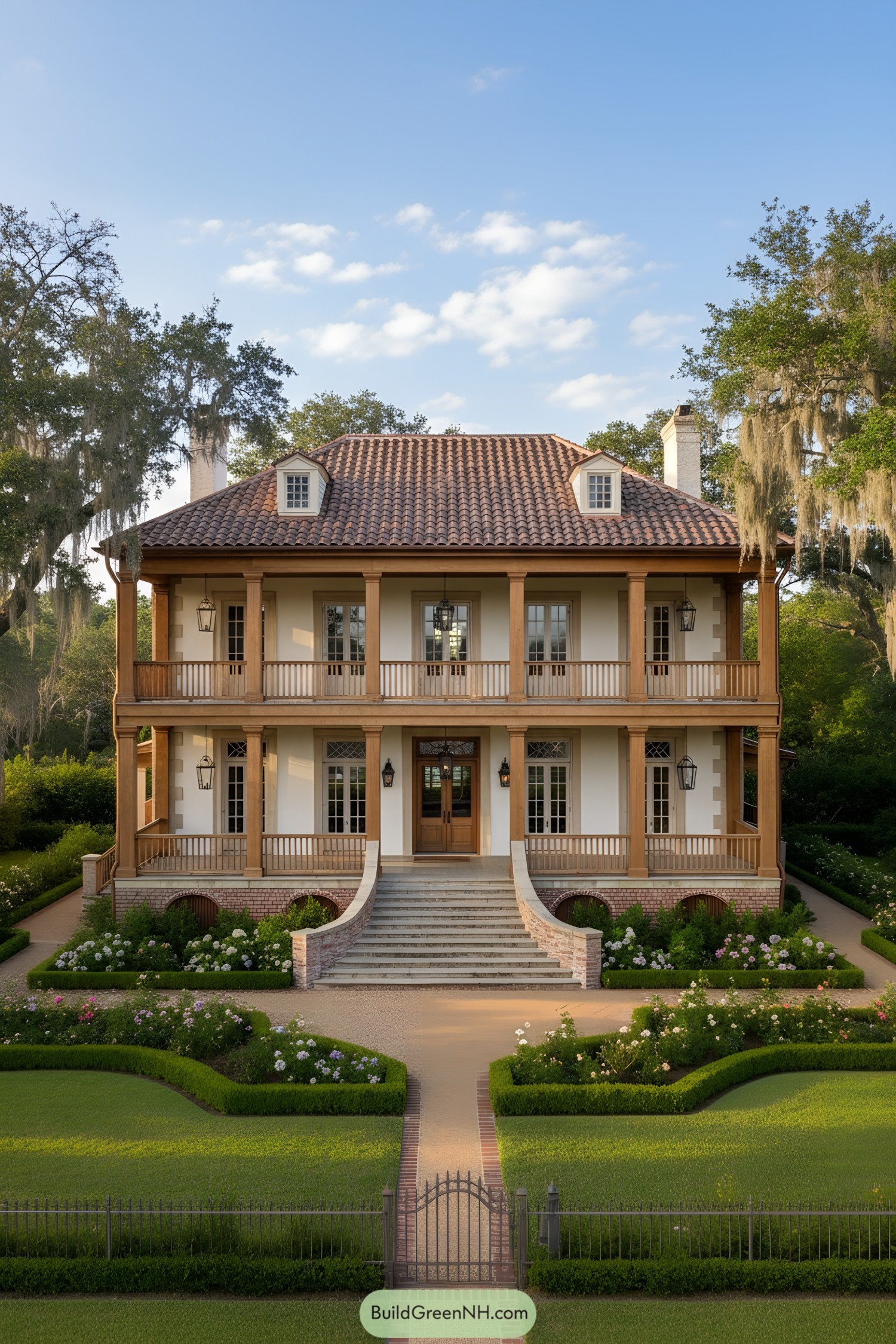 Two-story French Colonial house with double galleries, hipped clay-tile roof, and central stair