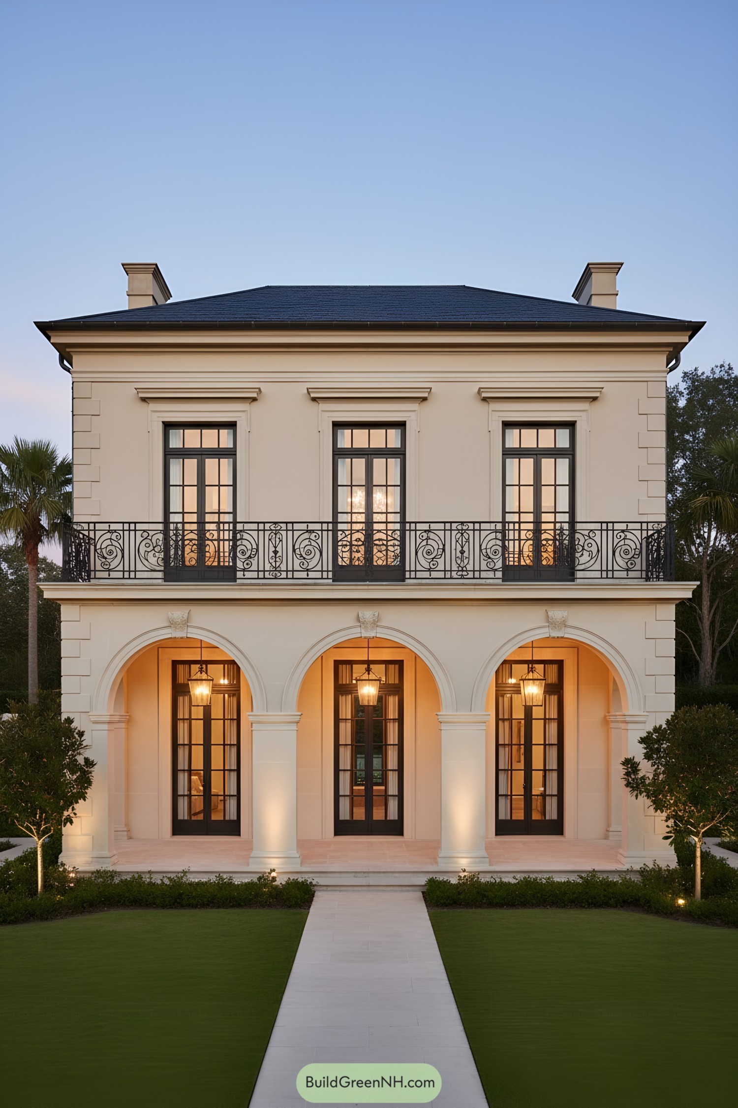 Two-Story Creole facade with arched gallery, iron balcony, and tall French doors at dusk