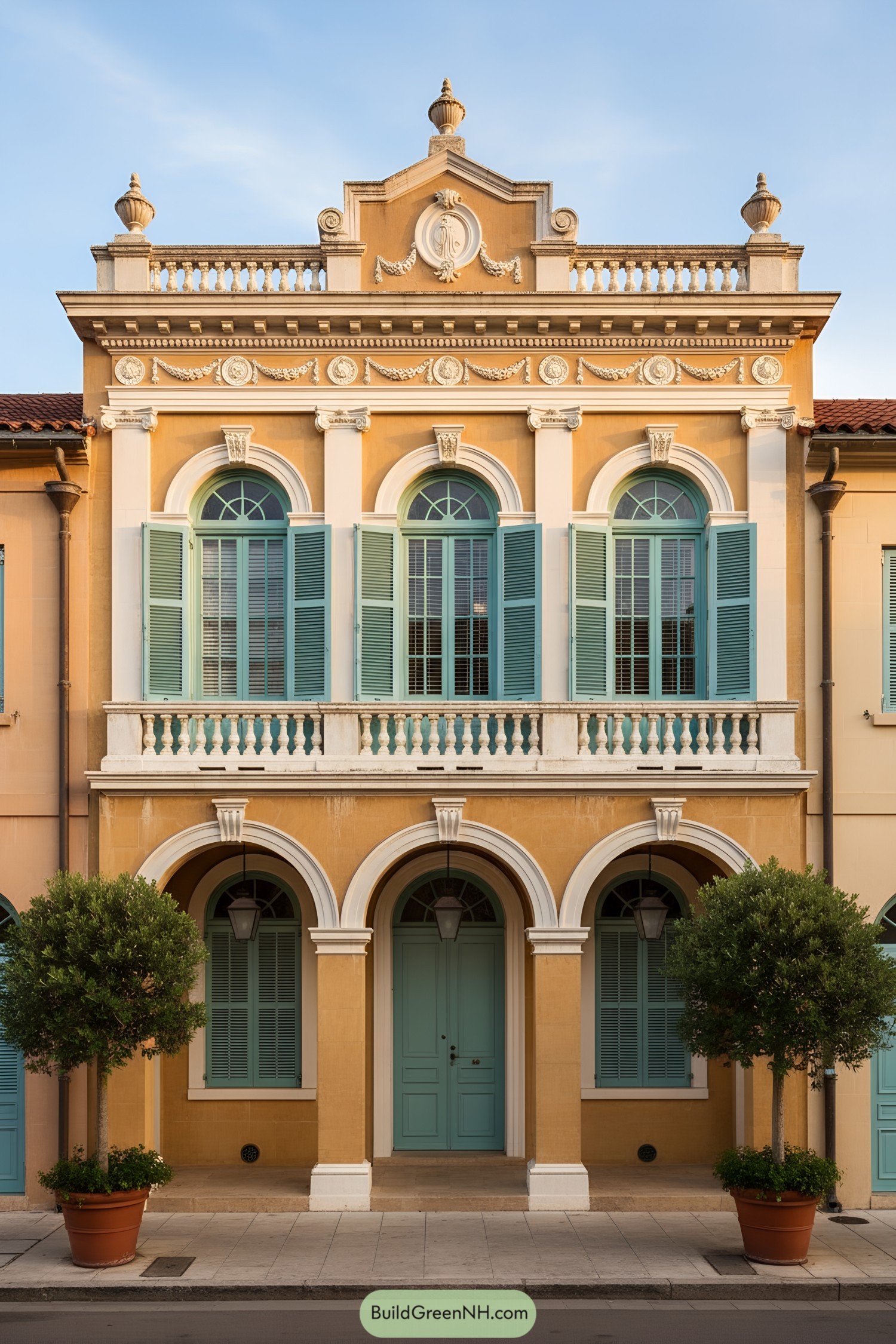Two-story ochre creole house with teal shutters, arched arcade, and ornate balustrades