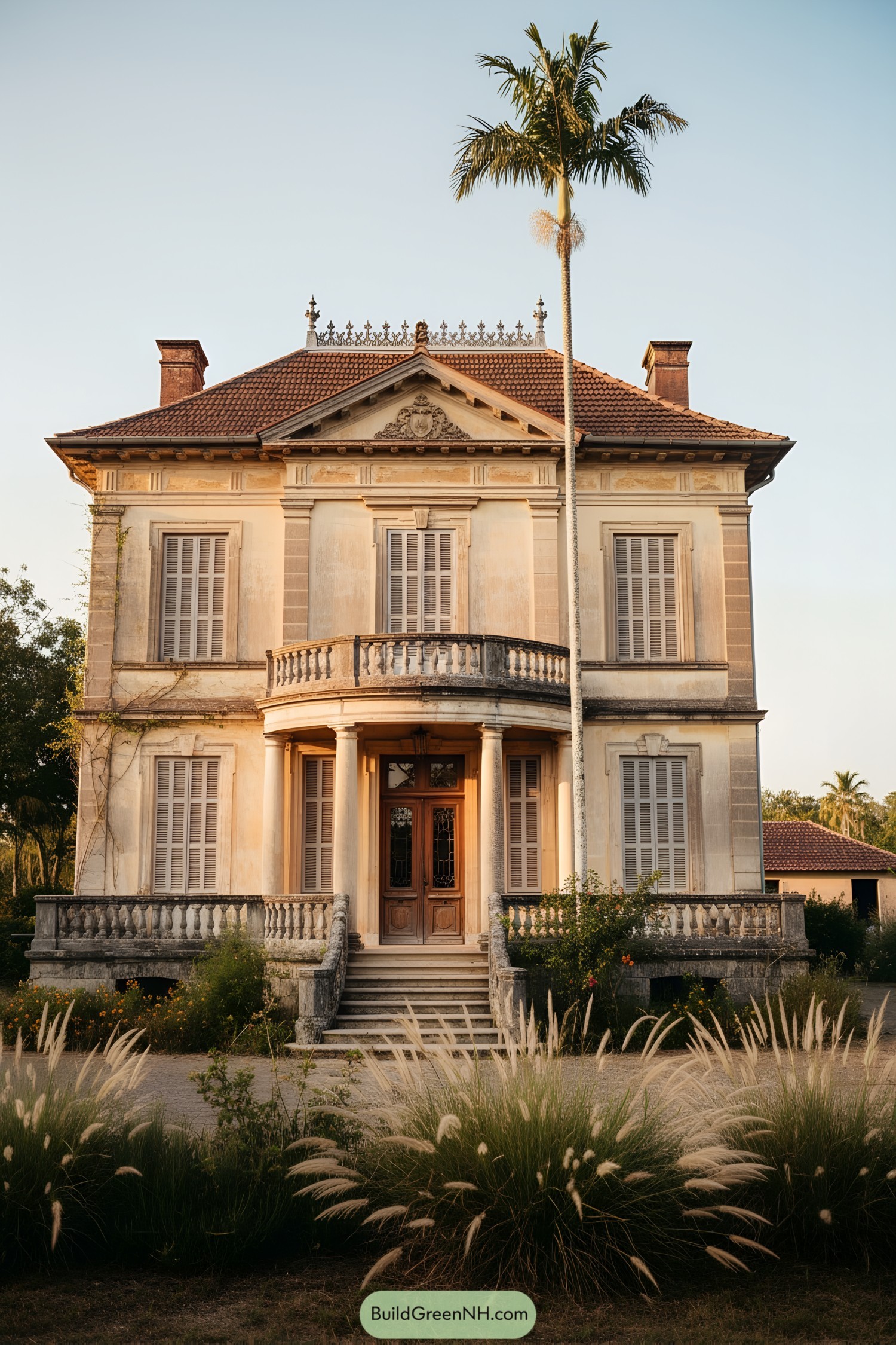 Two-story Creole manor with pedimented balcony, colonnaded entry, and terracotta hipped roof