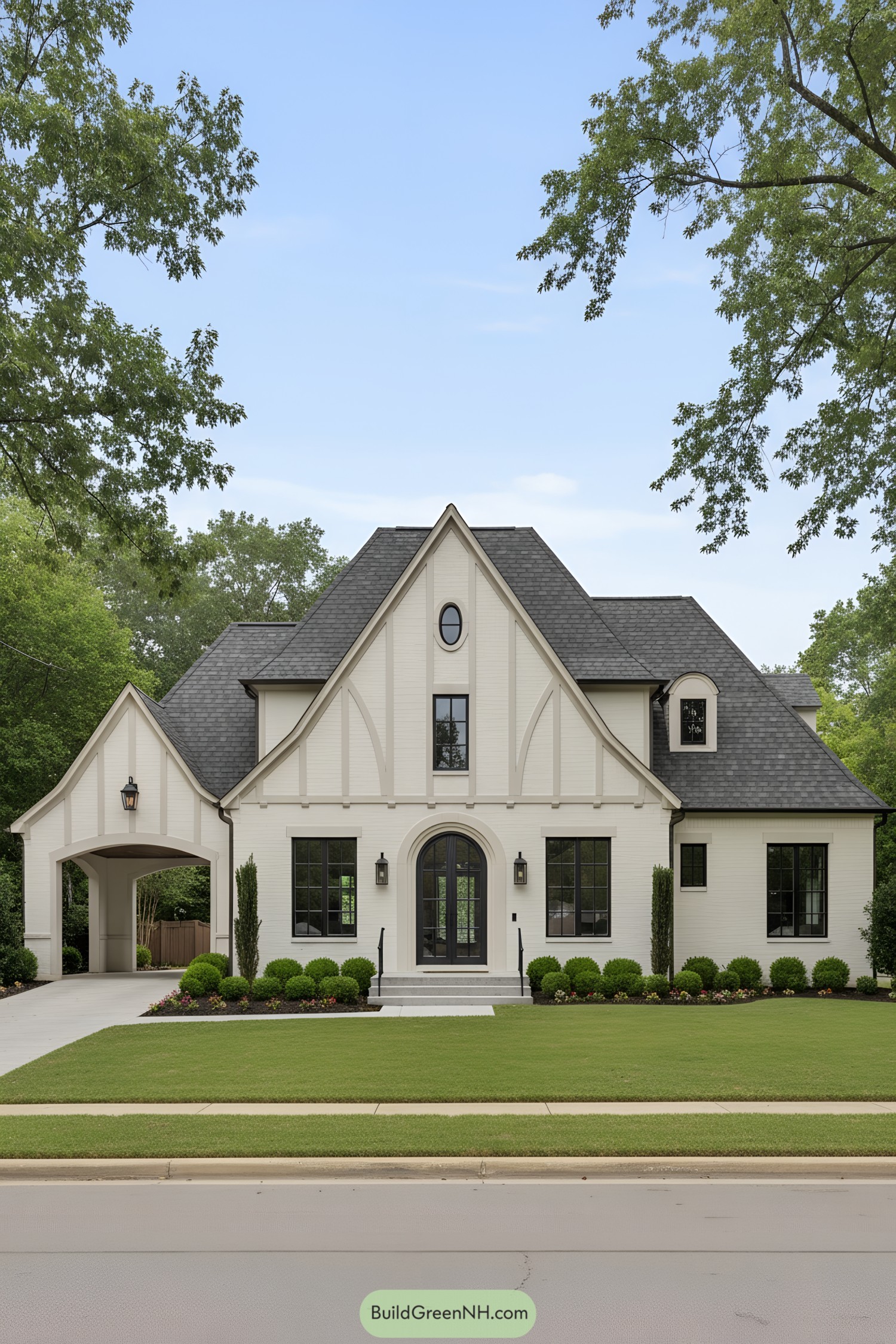 White-brick French Tudor with steep gables and arched entry