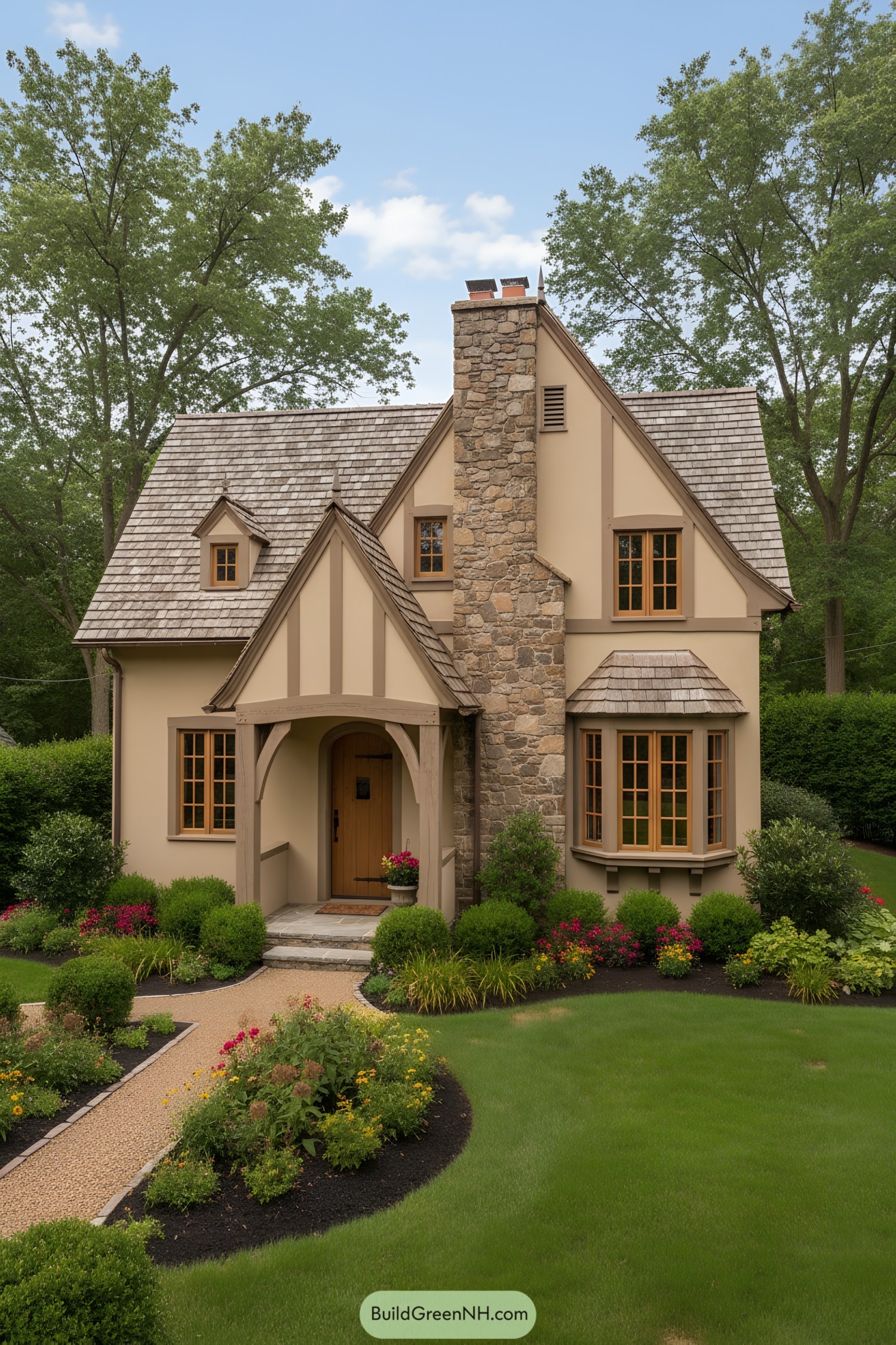 Cozy French Tudor cottage with stone chimney