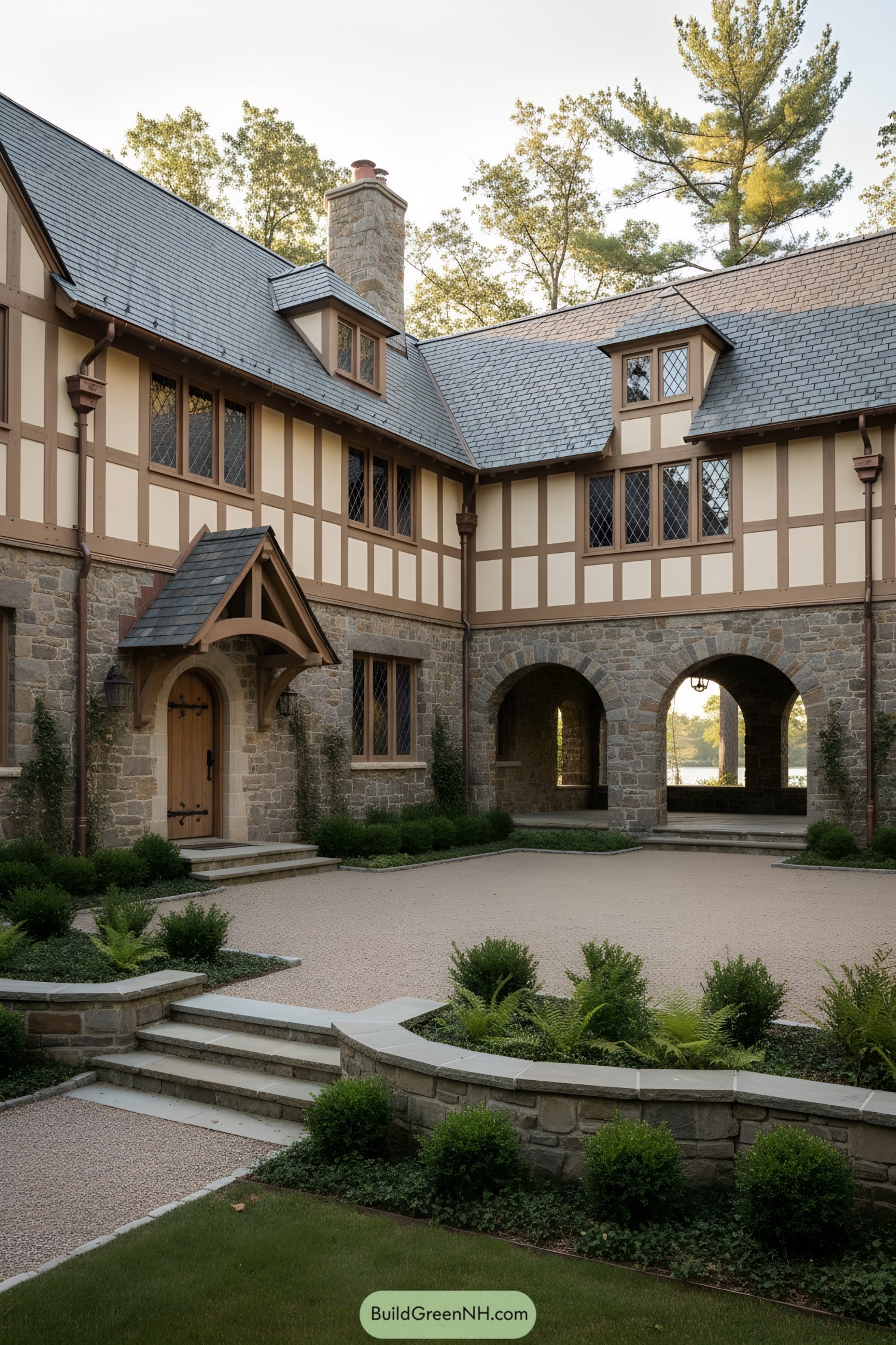 Cream half-timbered Tudor with stone courtyard arches