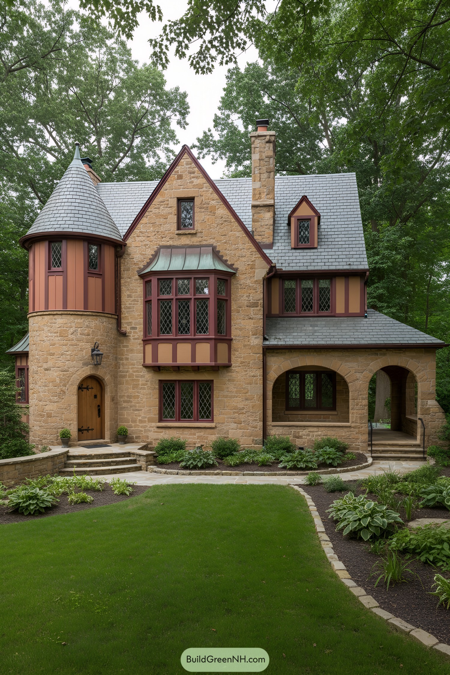 Stone-and-slate French Tudor with round turret