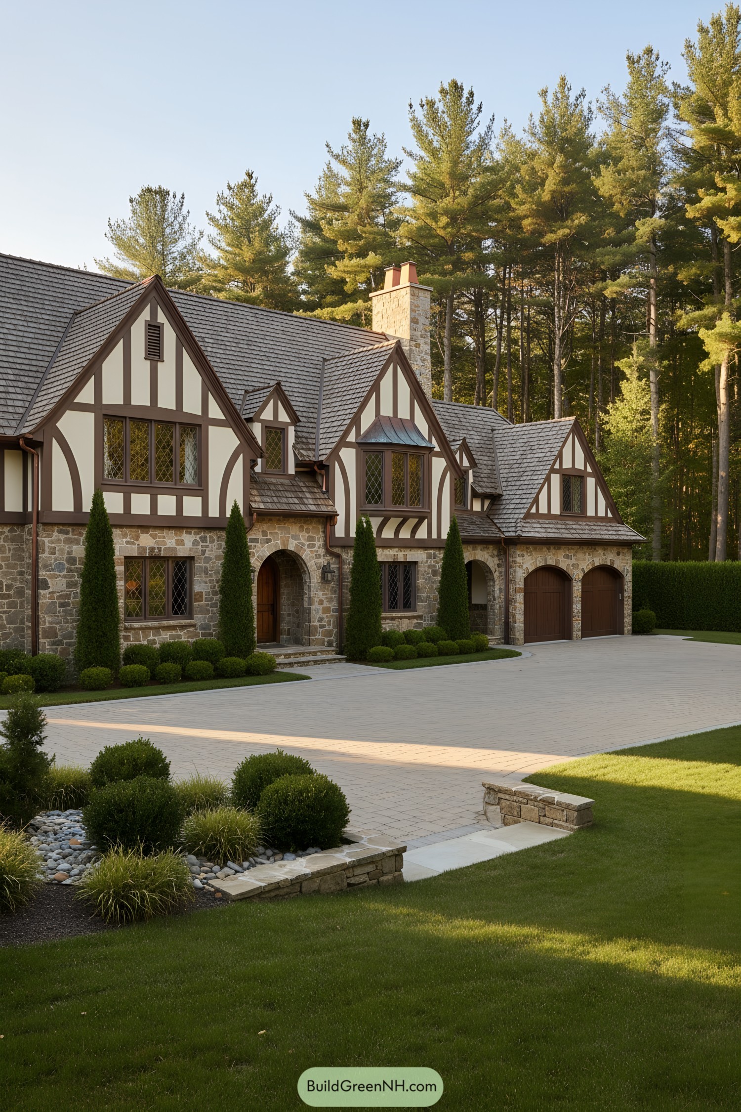 Stone-and-timber French Tudor house with steep gables, leaded windows, and triple-arched garage